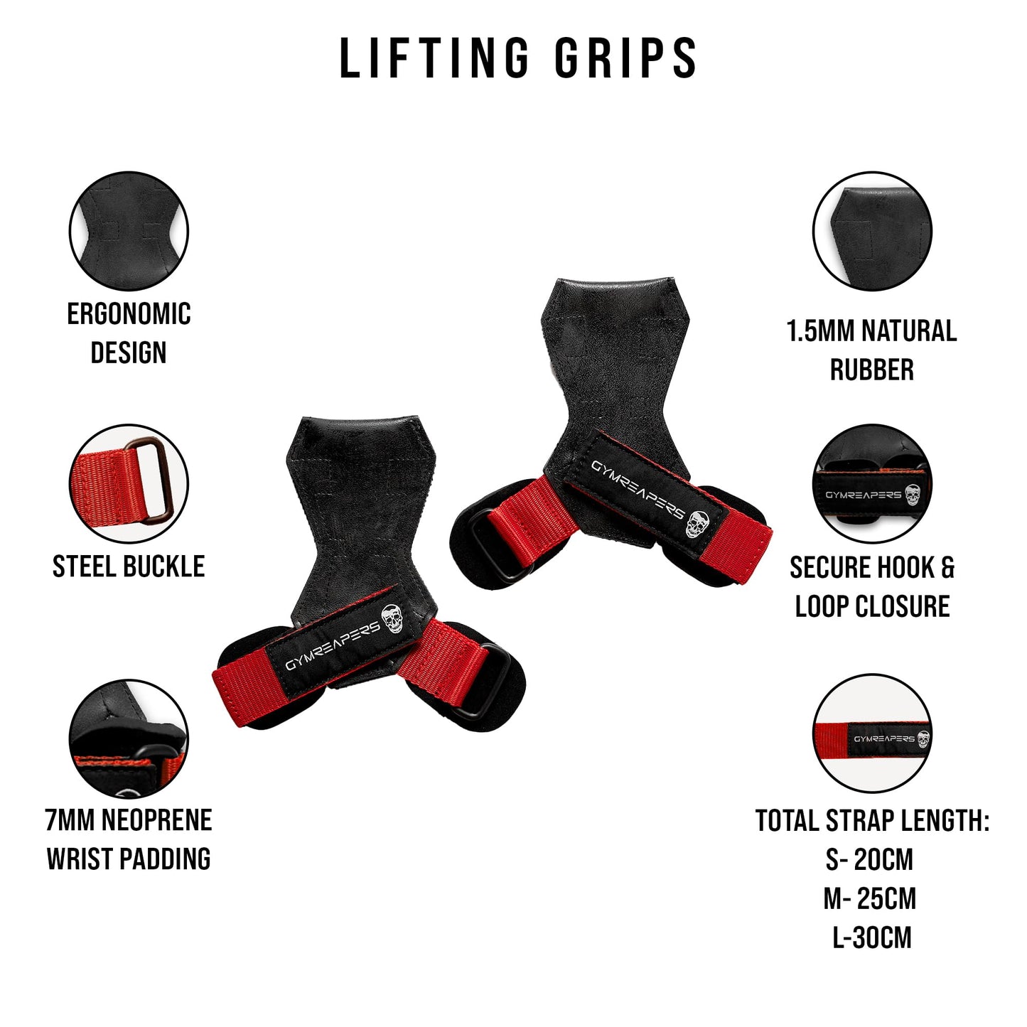 Gymreapers Weight Lifting Grips (Pair) for Heavy Powerlifting, Deadlifts, Rows, Pull Ups, with Neoprene Padded Wrist Wraps Support and Strong Rubber Gloves or Straps for Bodybuilding (Red, Small)