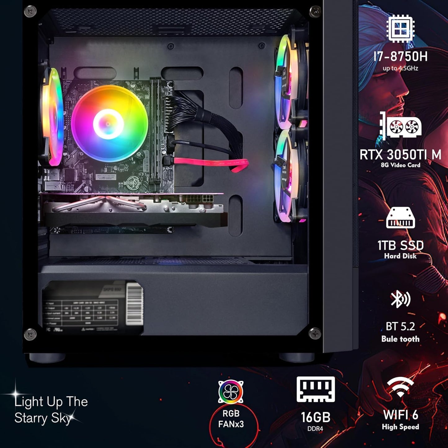 STGAubron Gaming Desktop PC, GeForce RTX 3050 Ti M 8G, Intel Core I7 8th up to 4.10G, 16G DDR4, 1T SSD, WiFi 6, BT 5.2, RGB Fan x4, Windows 11 Home