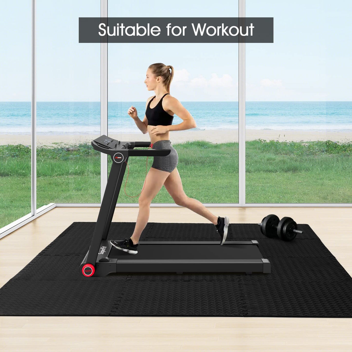 Tangkula 12 Tiles Exercise Flooring Mats with Border, Non-Slip EVA Foam Protective Mats, Elastic Puzzle Play Mats, 1/2" Interlocking Floor Mats for Home Gym, Fitness Room, Workshop Equipment(Black)