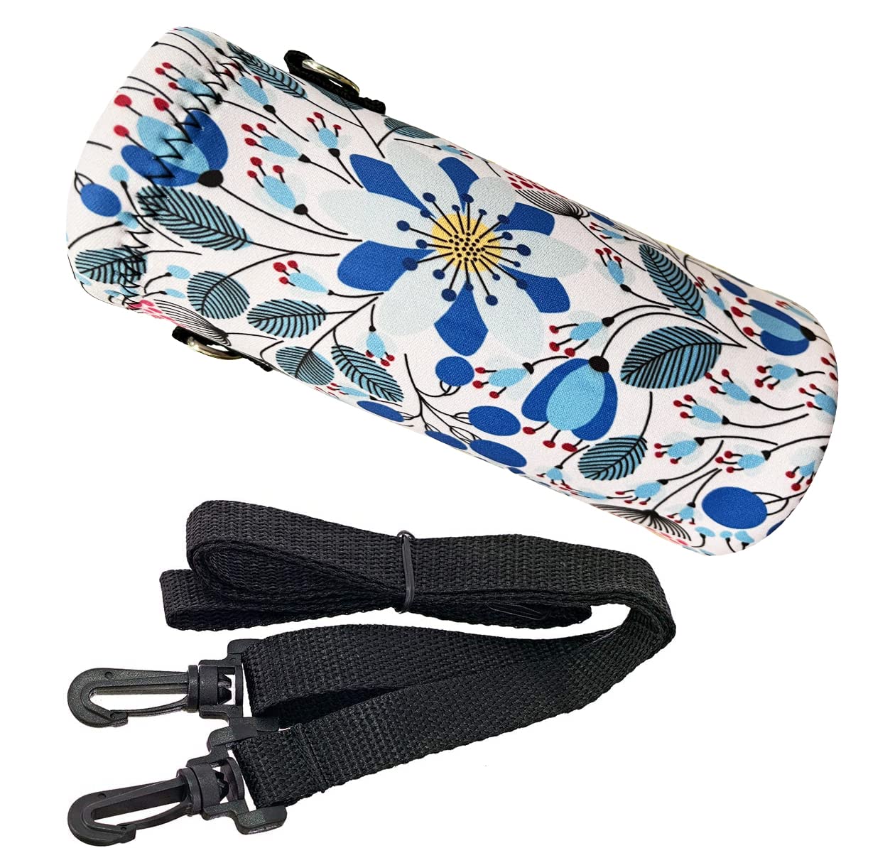 RICHEN Neoprene Water Bottle Carrier Bag with Adjustable Shoulder Strap,Insulated Water Bottle Cover for 500ml/16oz Stainless Steel/Glass/Plastic Bottles Bottles (Blue Flowers,500ML)