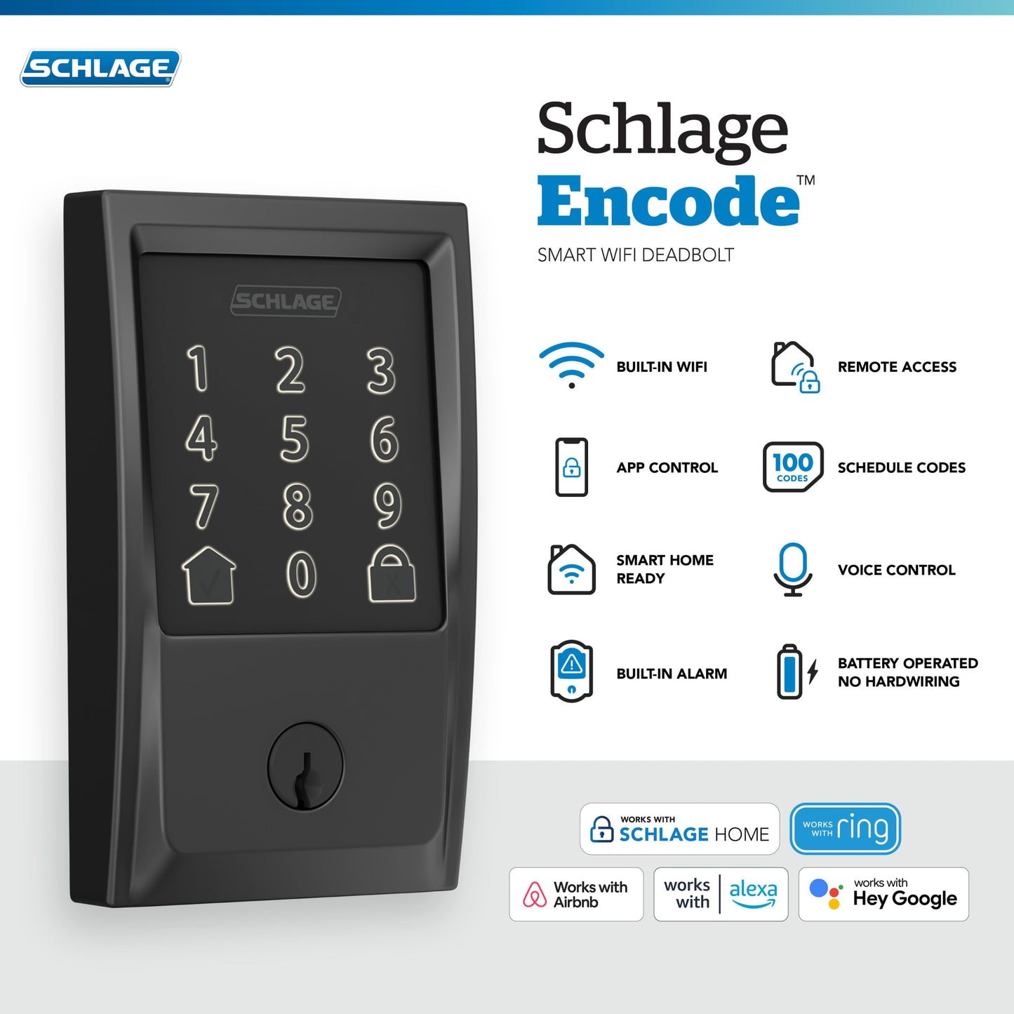 Schlage Encode Smart WiFi Deadbolt Lock for Front Door - Keyless Entry with App or Touchscreen - Works with Alexa, Hey Google, & Airbnb - Create Codes for Guests - Matte Black