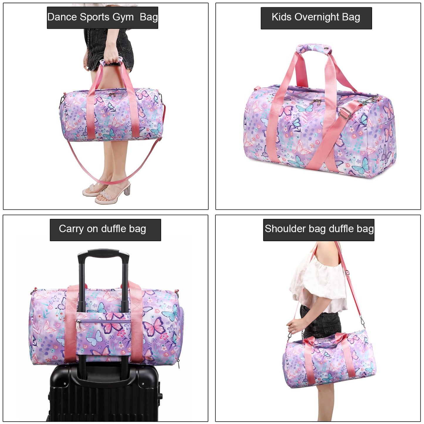 Dance Bag Girls Gymnastics Bag Kids Overnight Duffle Bag with Shoe Compartment, Kids Travel Weekender Sleepover Carry On Bag (Butterfly Purple)