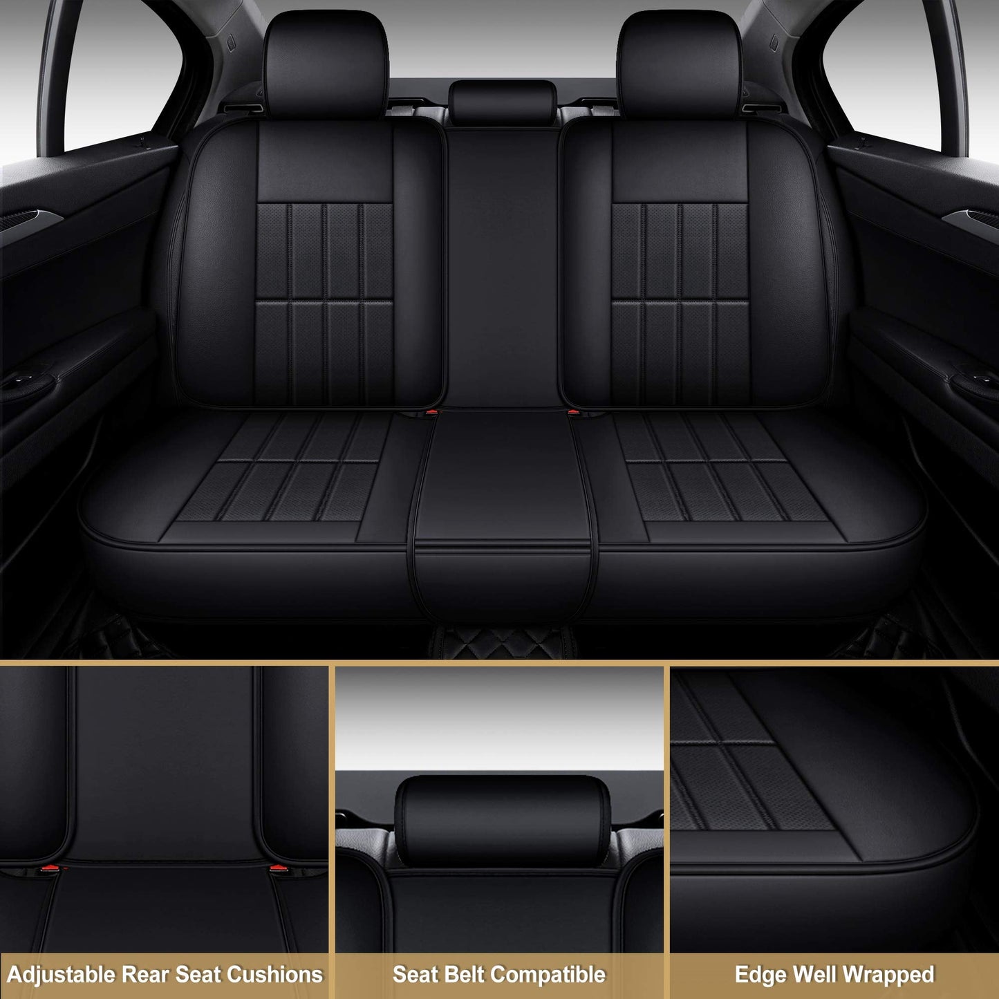 AOOG Leather Car Seat Covers, Automotive Vehicle Cushion Cover for Cars SUV Pick-up Truck, Universal Non-Slip Vehicle Cushion Cover Waterproof Protectors Interior Accessories, Full Set Black