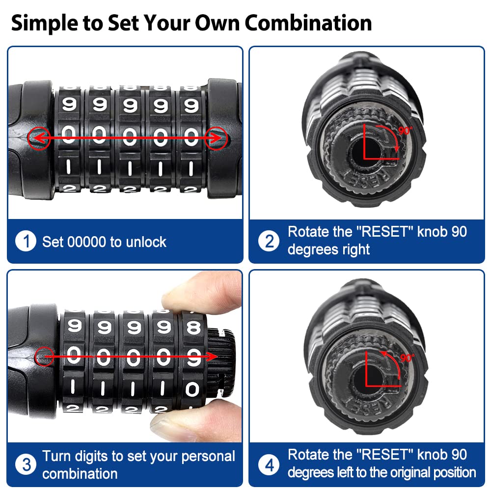 NDakter Bike Chain Lock, 5-Digit Combination Anti-Theft Bicycle Lock, 3.2/4.27 feet Long Security Resettable Bike Locks Heavy Duty for Bike, Motorcycle, Bicycle, Door, Gate, Fence, Grill, Gray