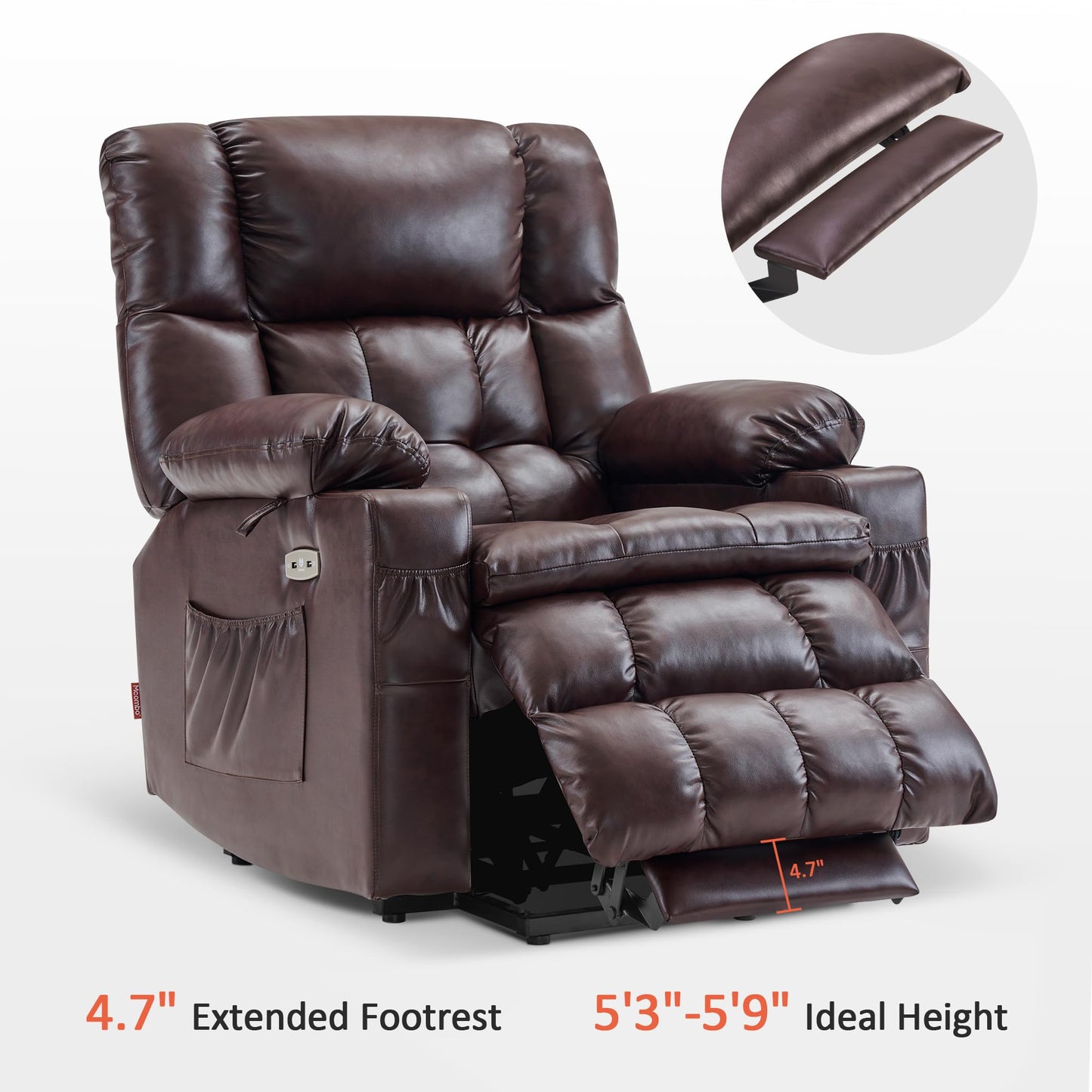 MCombo Dual Motor Power Lift Recliner Chair for Elderly, Lay Flat Lift Chair with Heat and Massage, Cup Holders, USB Ports, Faux Leather 7890 (Dark Brown, Medium)