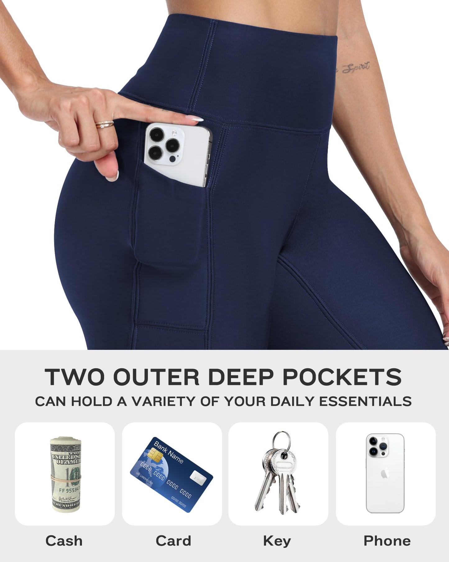 NORMOV Fleece Lined Leggings with Pockets for Women,High Waisted Winter Thermal Warm Sherpa Leggings(Navy, XL)