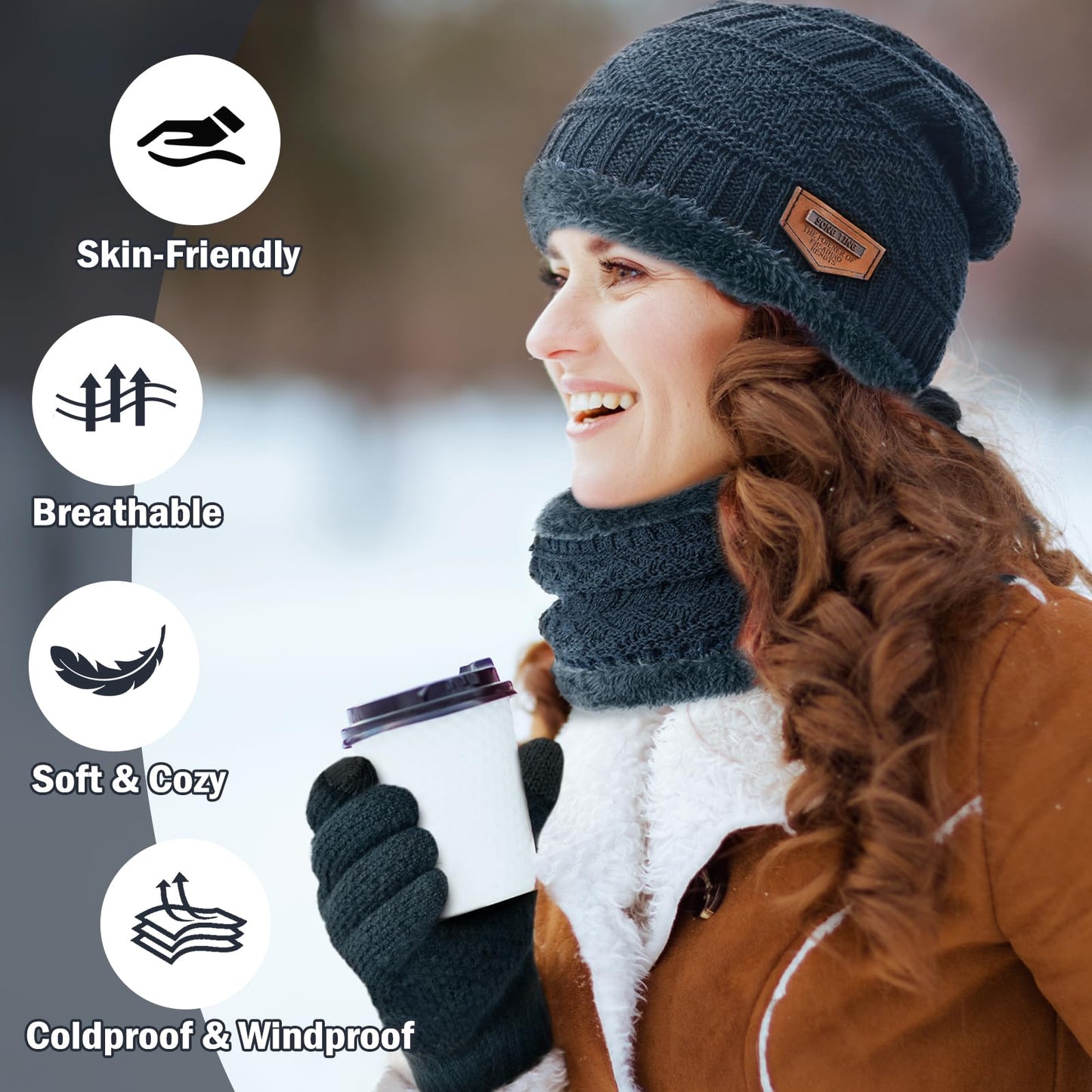 Winter Beanie Hat Circle Scarves Touchscreen Gloves Set, Warm Thick Fleece Lined Skull Cap Gloves Neck Warmer for Women Men, Navy Blue