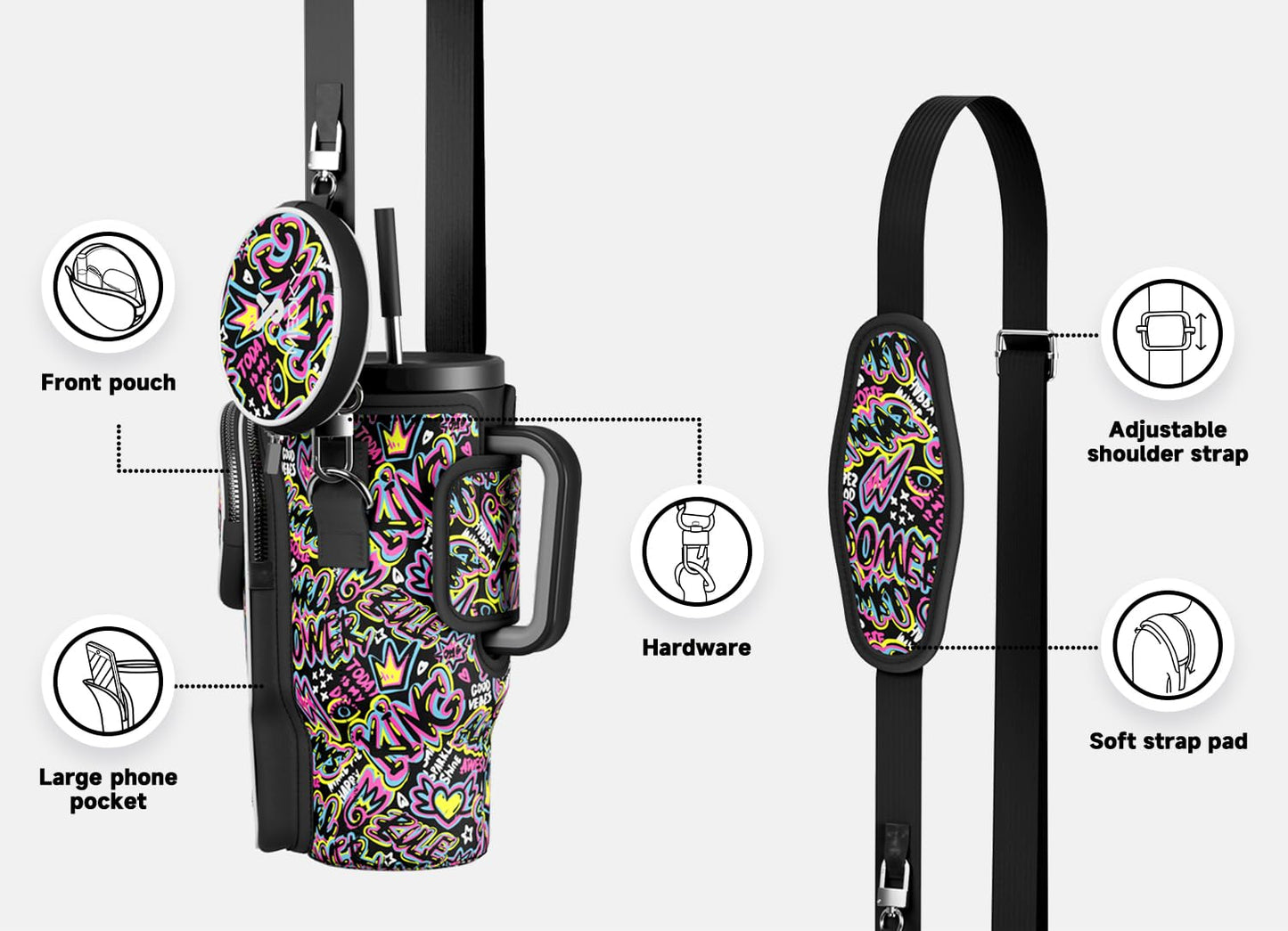 Meoky Water Bottle Carrier Bag with Phone Pocket for 40 oz Tumbler with Handle, Neoprene Water Bottle Holder Pouch with Adjustable Strap, 2 Carabiner Clips (King)
