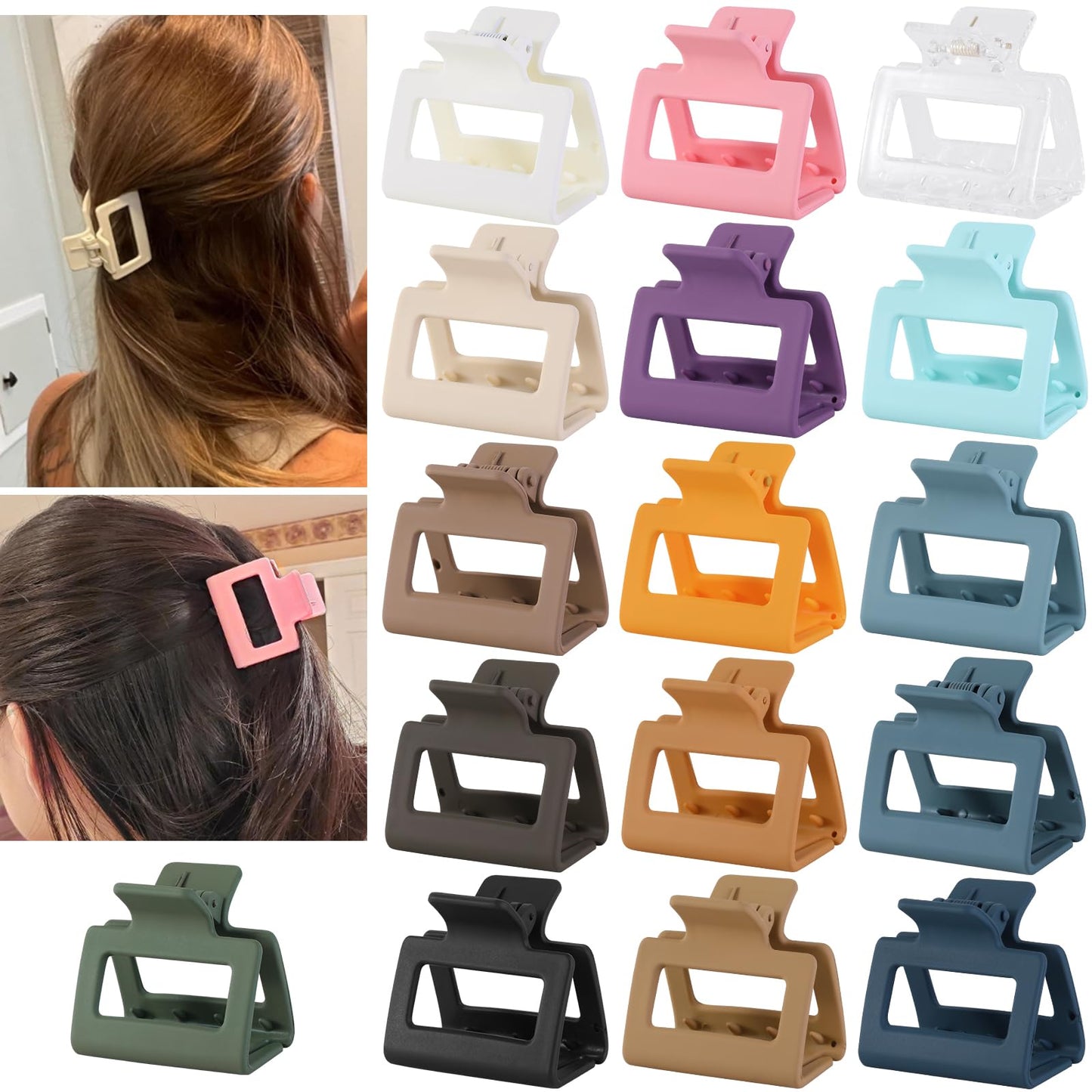 Small Hair Clips for Women and Girls - 2 Inch Rectangle Medium Claw Clips for Thin/Fine Hair - Nonslip Strong Hold Matte Jaw - 16 Pack(natural colors)