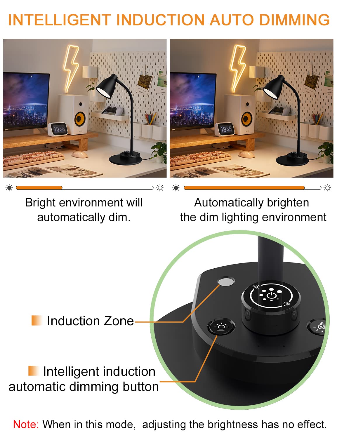 BOHON LED Desk Lamp with USB Charging Port 3 Color Modes Dimmable Reading Light Intelligent Induction Auto Dimming Task Lamp Flexible Gooseneck Table Lamp for Bedside Office, AC Adapter Include