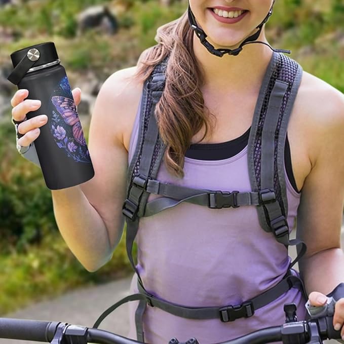 Butterfly Water Bottles Stainless Steel Wide Mouth Vacuum Insulated Thermos Leakproof Canteen Keep Cold,20 Oz