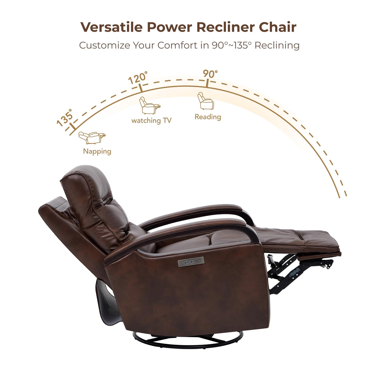 CHITA Genuine Leather Power Swivel Glider Rocker Recliner, FSC Certified Mid Century Modern Recliner Chair for Adults, Adjustable Power Headrest, for Nursery and Living Room, Cognac Brown