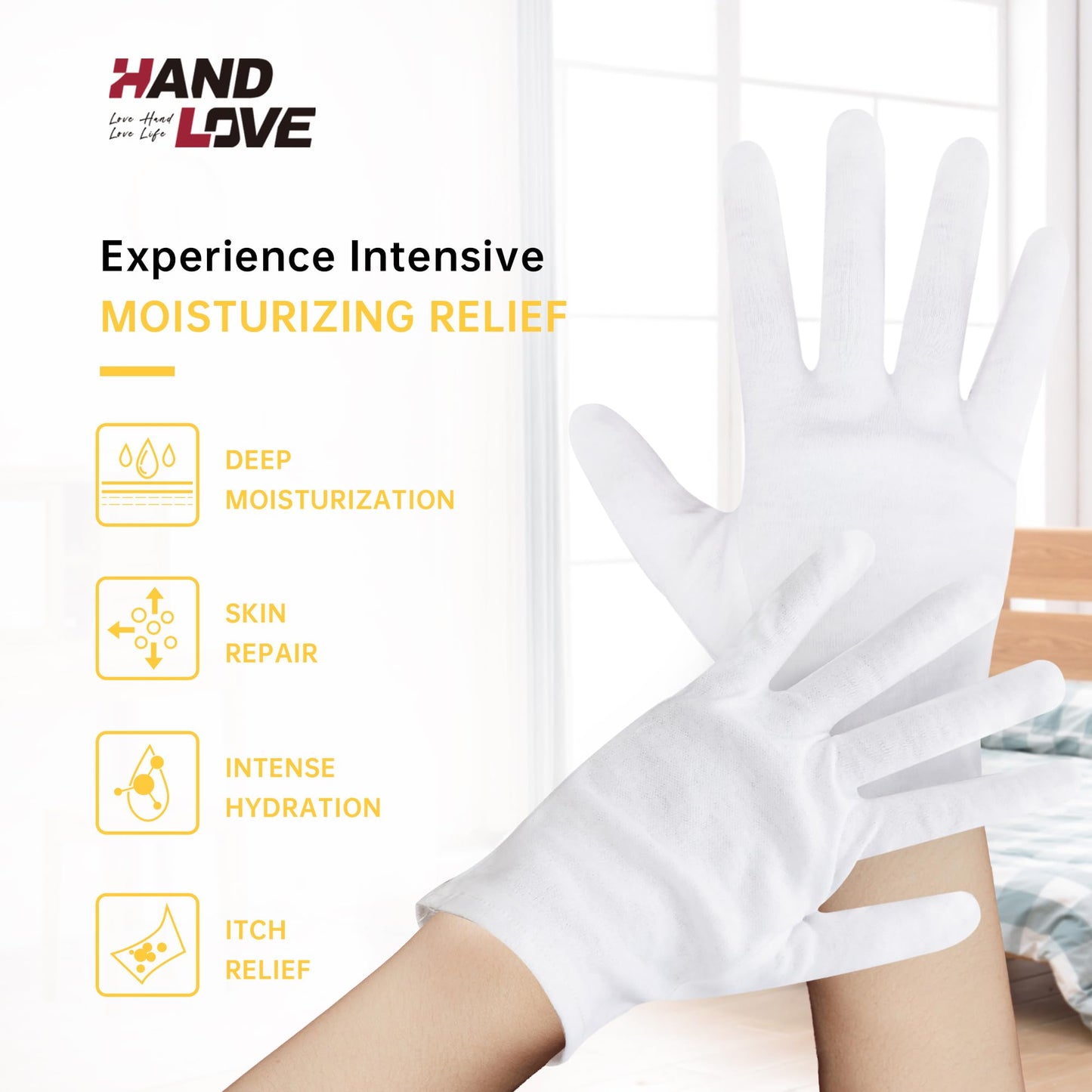 HandLove 12 Pairs Premium 100% Cotton Gloves, Dry Hands & Eczema, Overnight Lotion & Spa Treatment for Women & Men, Reusable | Wrist Extended White