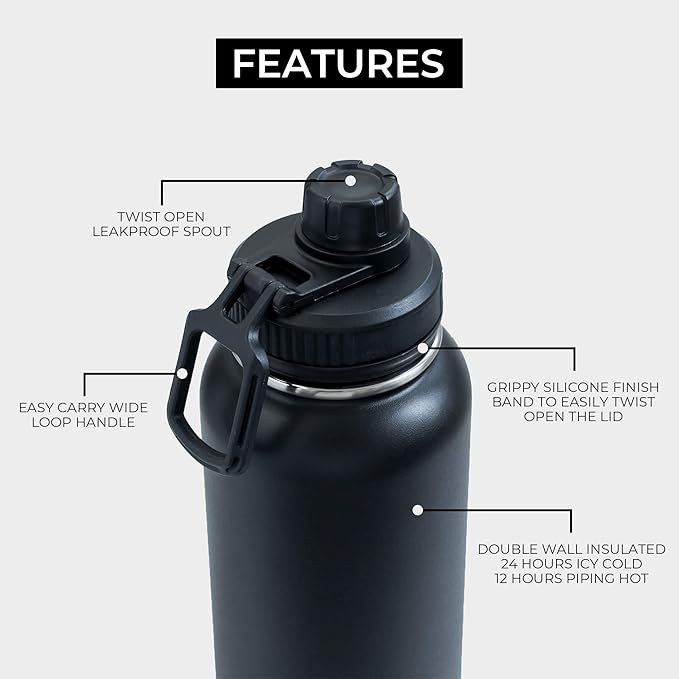 BOZ Stainless Steel Water Bottles 2 Pack Bundle - Blue Water Bottle + Black Water Bottle - Vaccum Insulated Water Bottles 32 Oz - Wide Mouth BPA Free Sport Water Bottles for Gym with Spout Lid