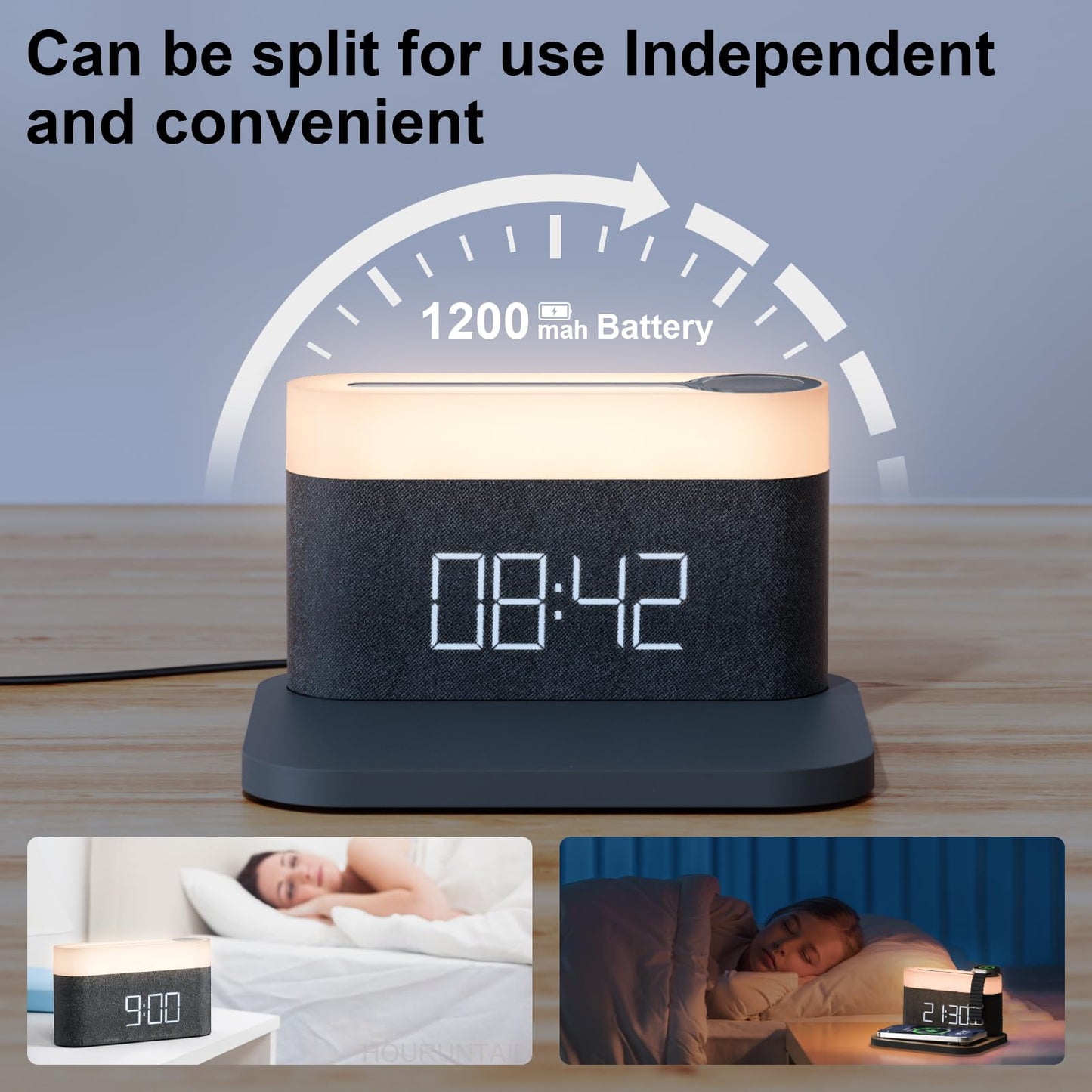 HOURUNTAIL Alarm Clock with Multi-Function Mobile Phone Watch Wireless Charging 15W Max Touch Bedside Lamp,3 Colors nightlight, Sleep Timer for Bedroom,Bedside,Desk