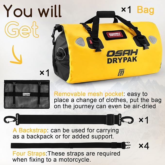 Waterproof Duffel Bag - Motorcycle Dry Bag Tail Bag with Large Storage Space, Waterproof Luggage Duffle Bags with Outer Mesh Zipper Pocket for Camping, Kayaking, Fishing & Traveling