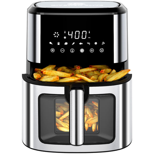 Kitchen Elite Air Fryer Stainless Steel with View Window, XL 8.5QT Large Airfryer, 8-in-1 Digital Control, 400ยฐF Temp Controls, Nonstick Dishwasher-Safe, Space-Saving, Roast, Broil, 1500W