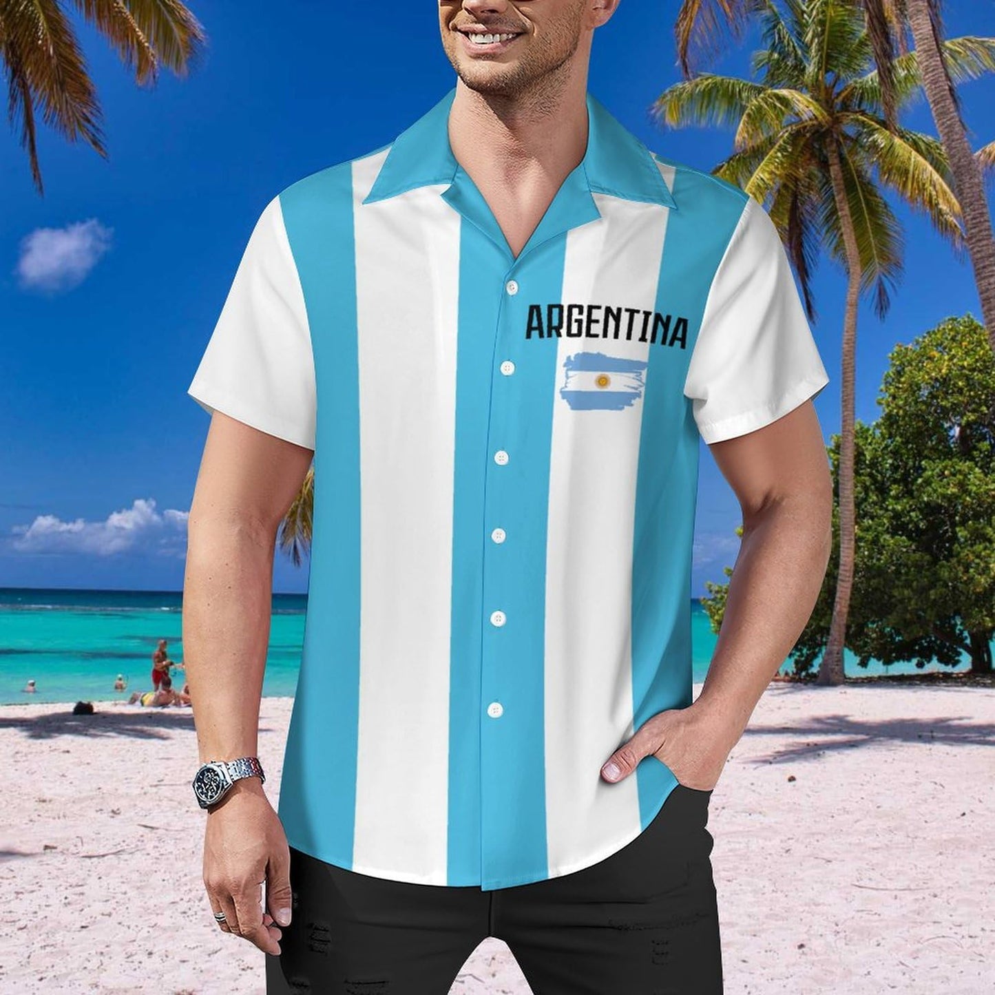 GIF4FOT Custom 2024 Argentina Soccer Cuban Neck Shirt Hawaii Short Sleeve Personalized Name Number for Men Sports Gift, Small
