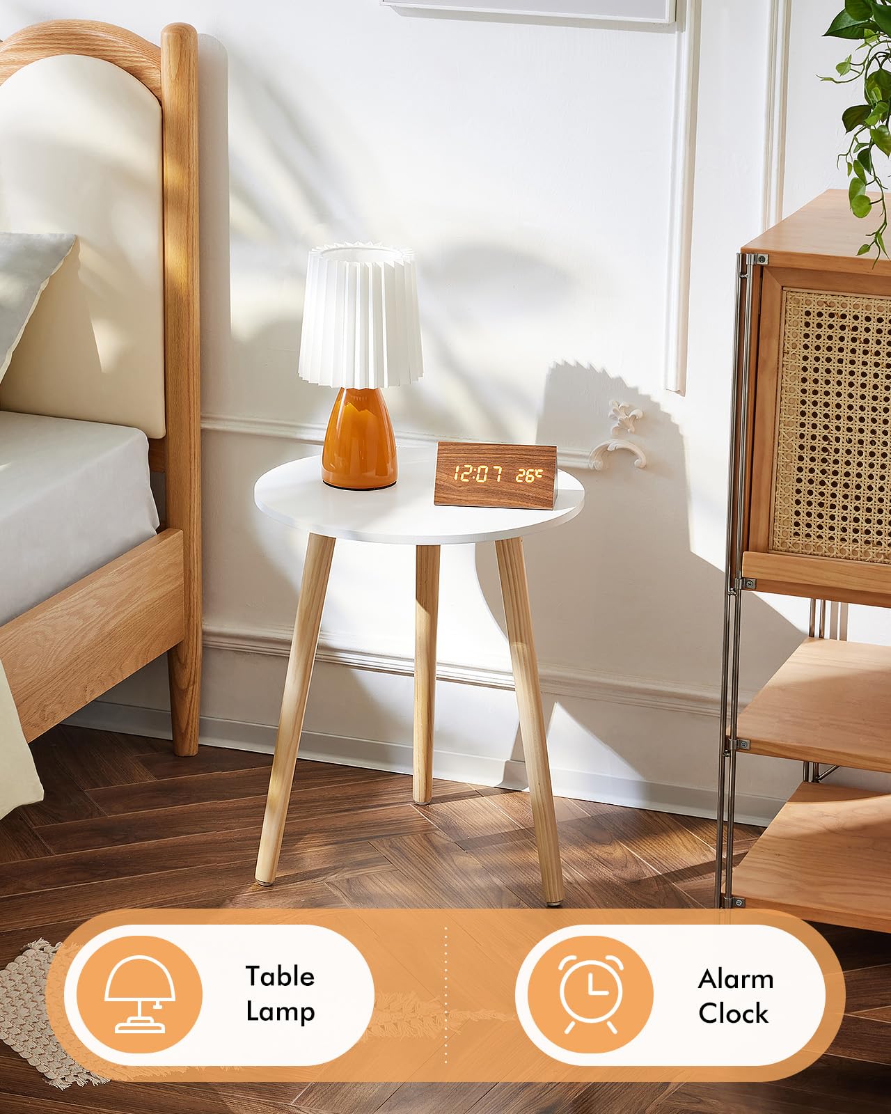 Apicizon Round Side Table, White Bedside Table Coffee End Table for Bedroom, Living Room, Small Spaces, Easy Assembly Nightstands with Natural Wood Legs, 16.5 x 20.5 Inches