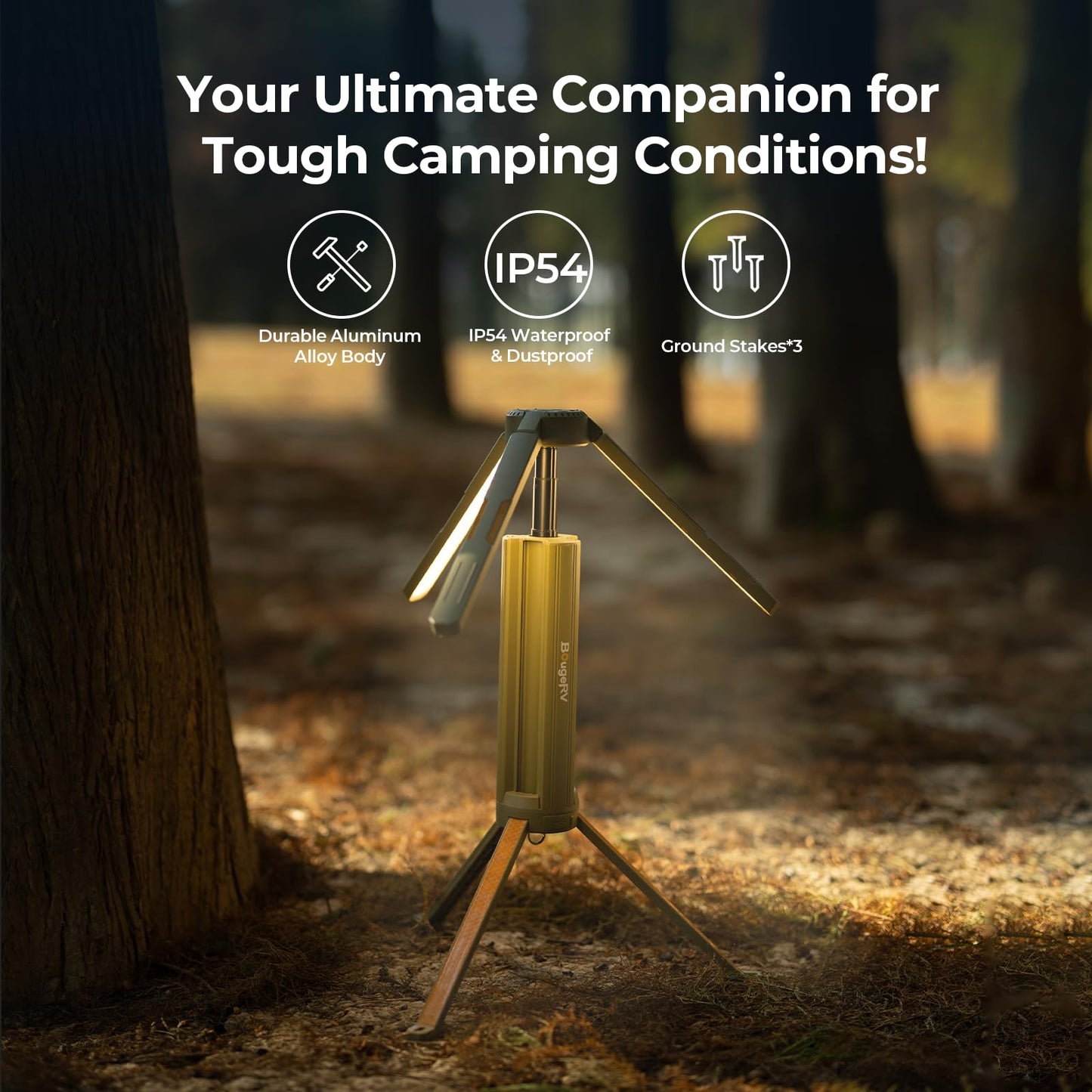 BougeRV Telescopic Camping Light, 15600mAh Collapsible Outdoor Light, Rotatable Electric Lantern, IP54 Waterproof Flashlight, Cordless Camping Tent Lamp for Emergency, Camping, Hiking, 2025 Version