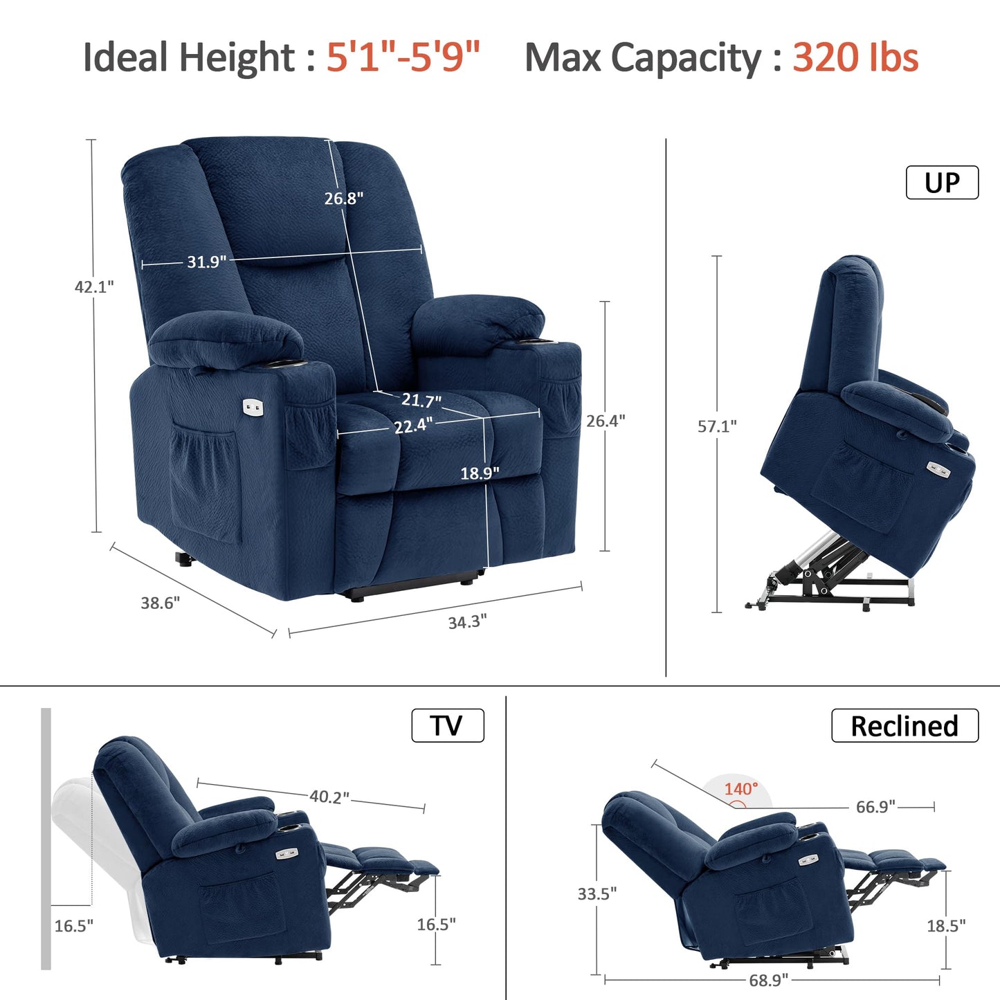 MCombo Power Lift Recliner Chair Sofa with Extended Footrest,3 Positions,Hand Remote Control,2 Cup Holders,USB Ports for Elderly People, 7507