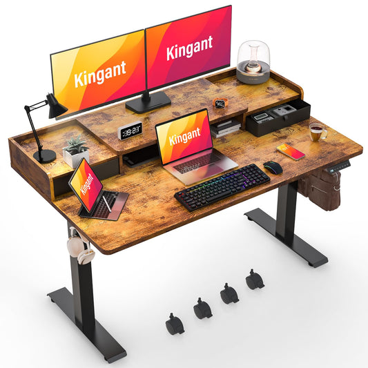 Standing Desk with Drawers and Wheels,Thickened Table Legs Sit Stand Desk Electric for Home Office & Gaming,Ergonomic Stand Up Desk (Rustic Brown, 55x30 in)