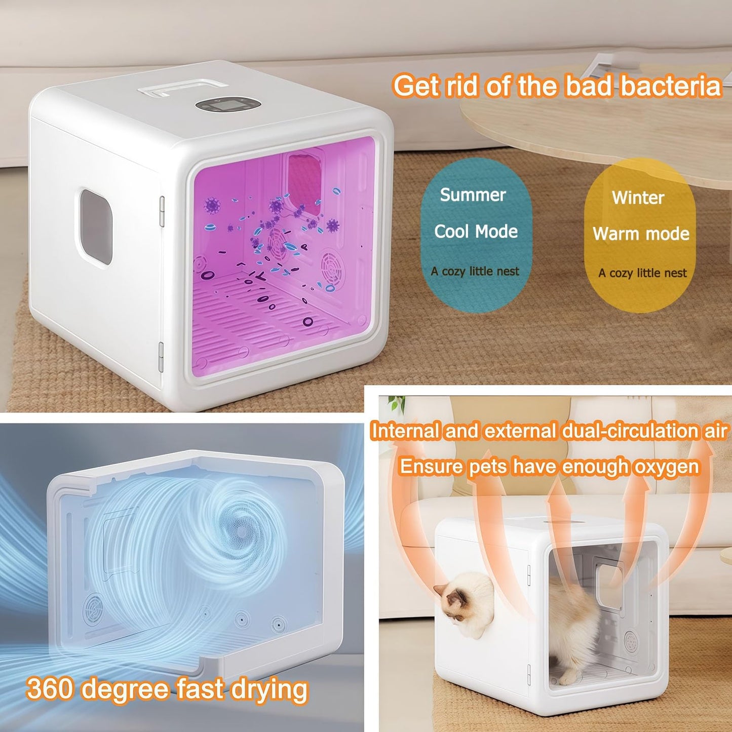 WENMEE 65L Automatic Opening Door Pet Dryer Box, Ultra Quiet 360° Hair Dryer for Cats and Small Dogs