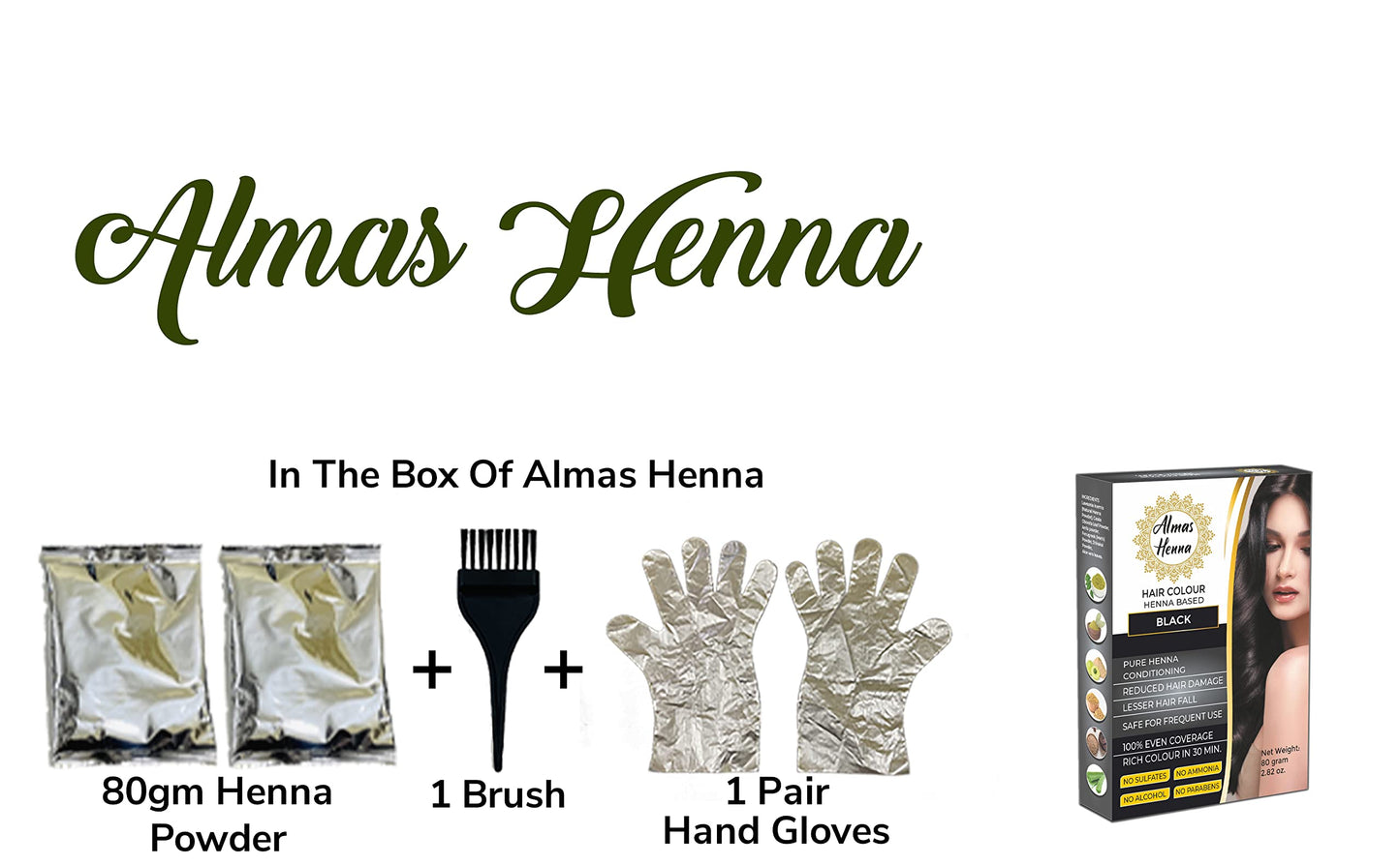 AL HASNAYN ENTERPRISES Almas Henna 80 GRAM Hair Color, 100% Organic Henna Powder Infused with Goodness of Herbs, Natural Henna Hair Dye For Soft Shiny Hair, Black, 2.82 OUNCE