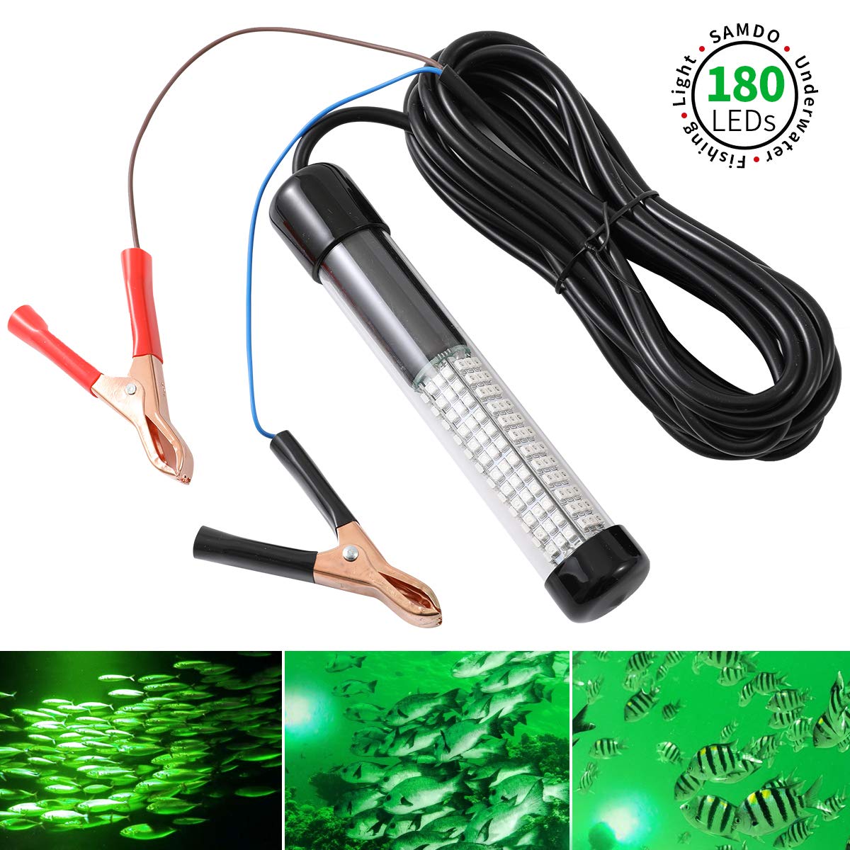 SAMDO Underwater Fishing Light Fish Light IP68 12V 180 SMD LED 1080 Lumens Fishing Boat Night Light 10.8W (Green)