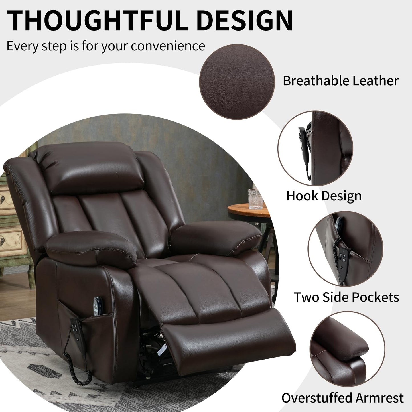 EZZUP Dual Motor Large Recliner with Massage and Heat, Power Lift Chairs for Elderly, Breathable Leather Recliner Chairs for Adults with 2 Remote Controls, Red Brown Big and Tall Recliner