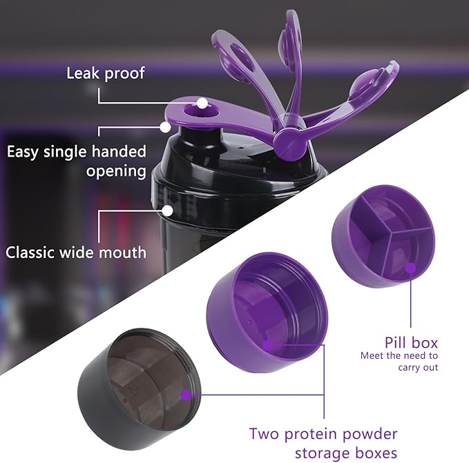 Shaker Bottle,Protein Shaker with Powder Storage Container 18oz, Leak Proof ,Gym Bottle Portable Pre Workout for Mix & Drink Shakes & Smoothies,Dishwasher Safe,Purple