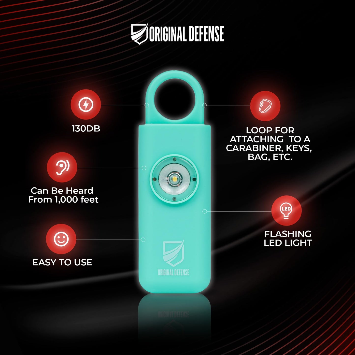 Original Defense® Siren Self-Defense Alarm (Mint) - 130 dB Keychain Alarm with LED Strobe Light for Women, Children, and Elderly - Police Recommended
