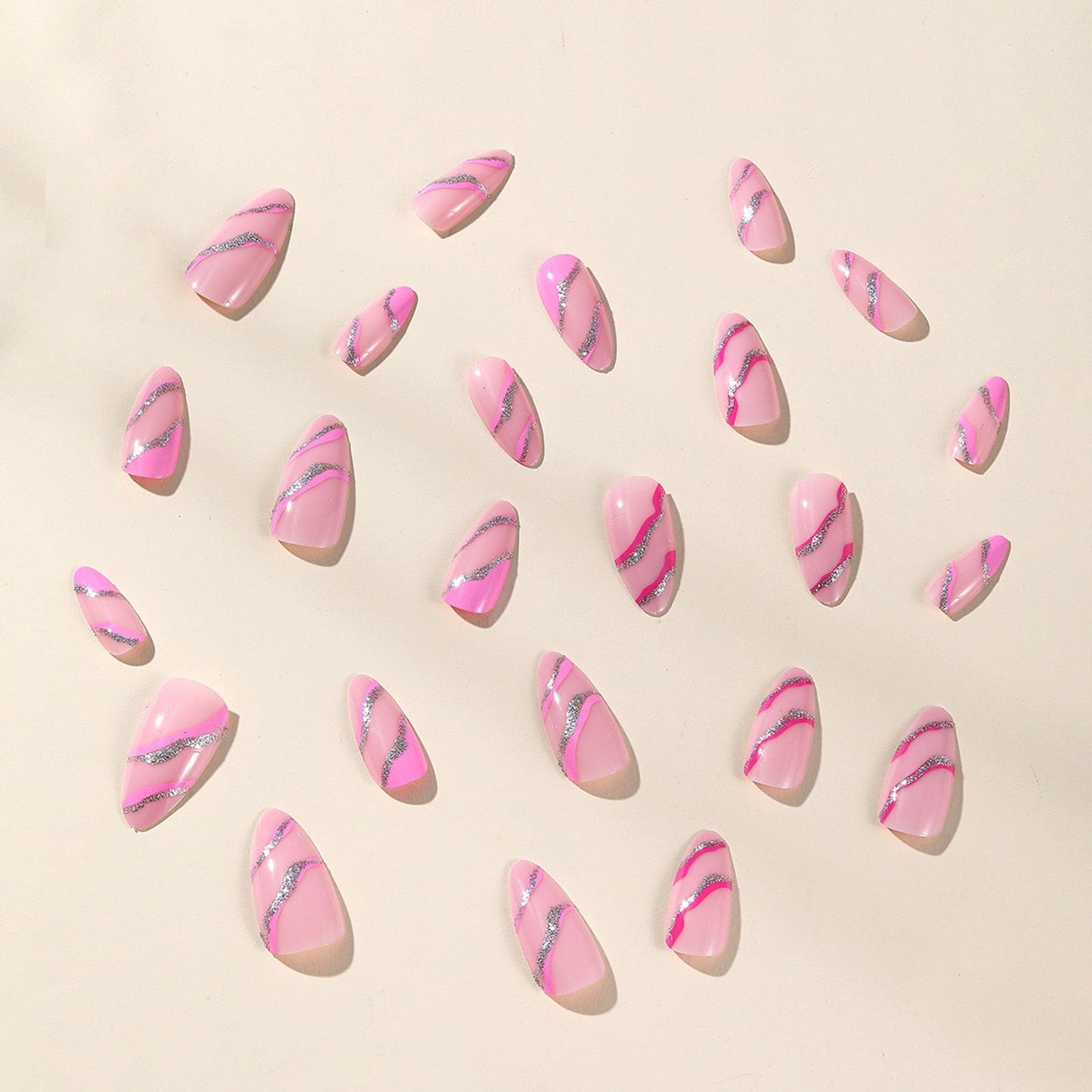 Almond Press on Nails Medium Fake Nails Pink False Nails with Design Silver Glitter Swirl Wave Acrylic Glue on Nails Glossy Artificial Stick on Nails for Women Girls Manicure Decoration 24Pcs