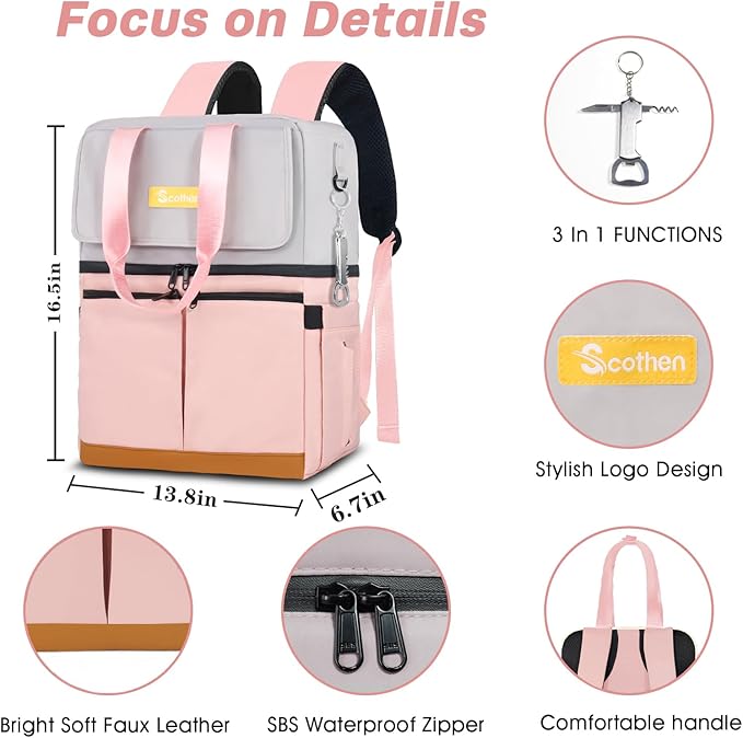 Backpack Cooler with Double Decker & 12 Ice Packs- Keeps 36 Cans Cold for Up to 24 Hours- Waterproof & Leak Proof Insulated Cooler Backpack- Stylish Cooler Bookbag for Women Travel Work Beach