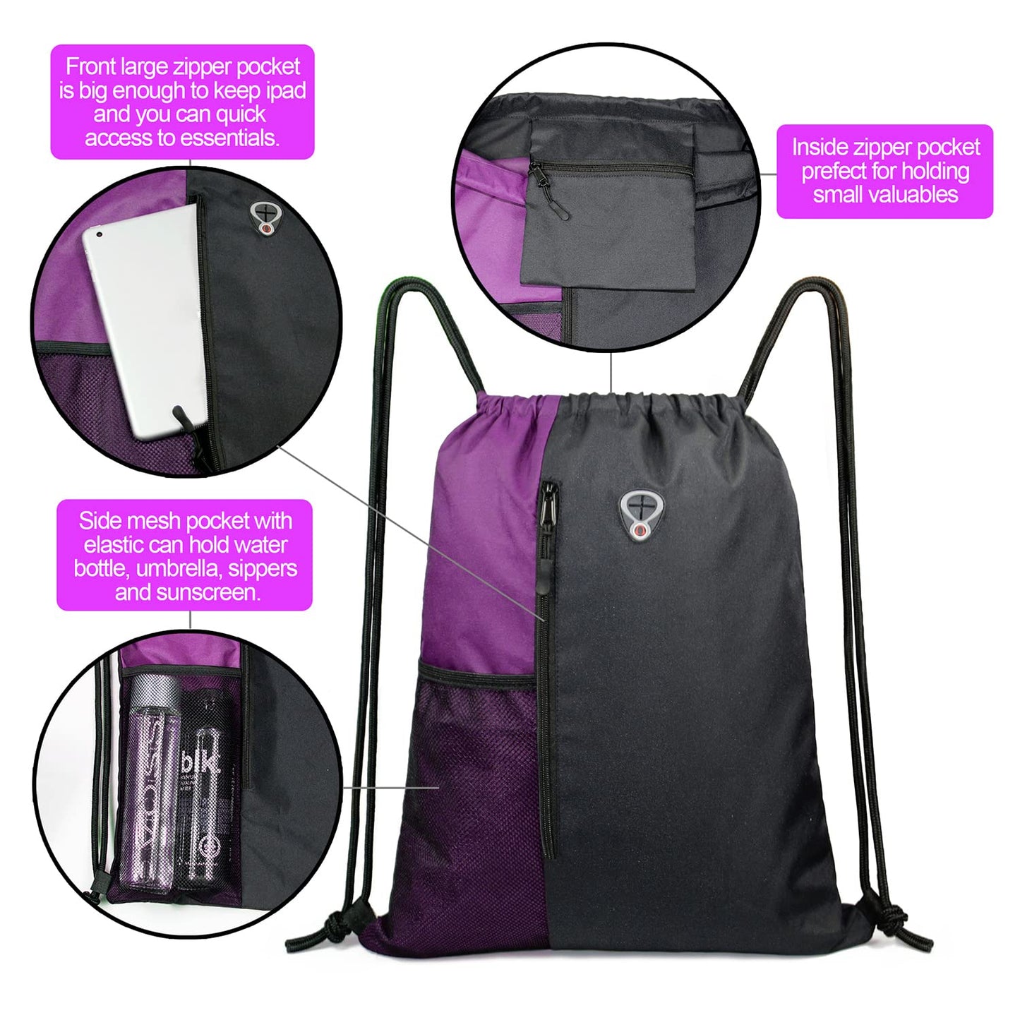 BeeGreen Purple Drawstring Backpack Sports Gym Bag for Women Men Large Cinch Sack workout Bag with Zipper and Water Bottle Mesh Pockets, 16 x 20 inch
