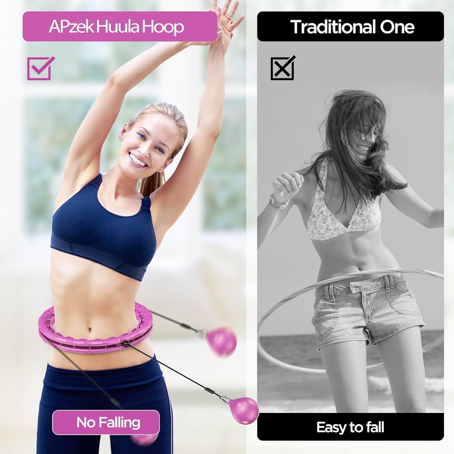 APzek 32 Detachable Knots Weighted Exercise Hoop Plus Size, No Falling Smart Huula Hoop for Adults & Beginners, 2 in 1 Abdomen Fitness Massage with Auto Spinning Ball - Purple