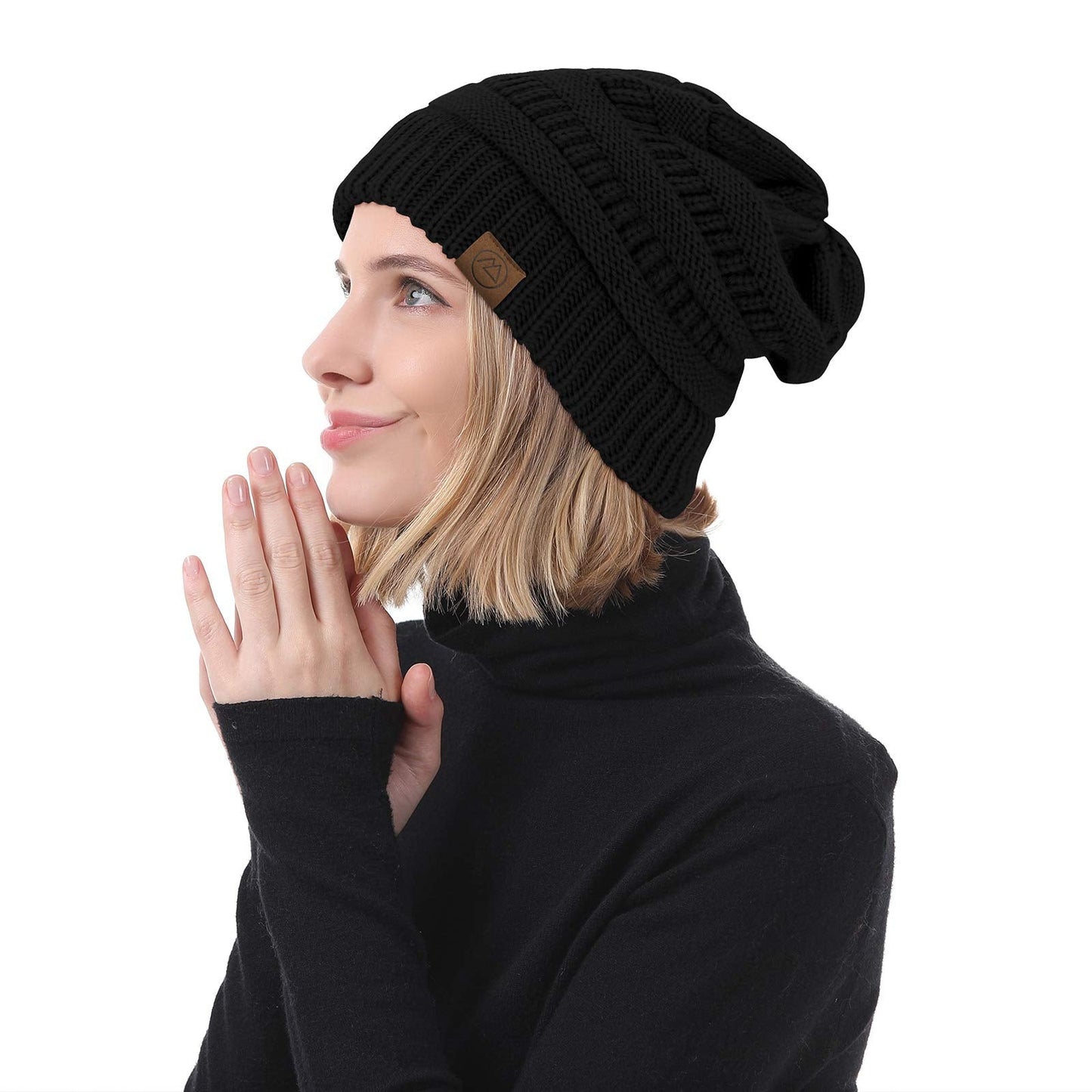 American Trends Winter Hats for Women Satin Lined Beanie Hats Cable Warm Knit Skull Cap Thick Slouchy Beanie for Cold Weather Black&Beige