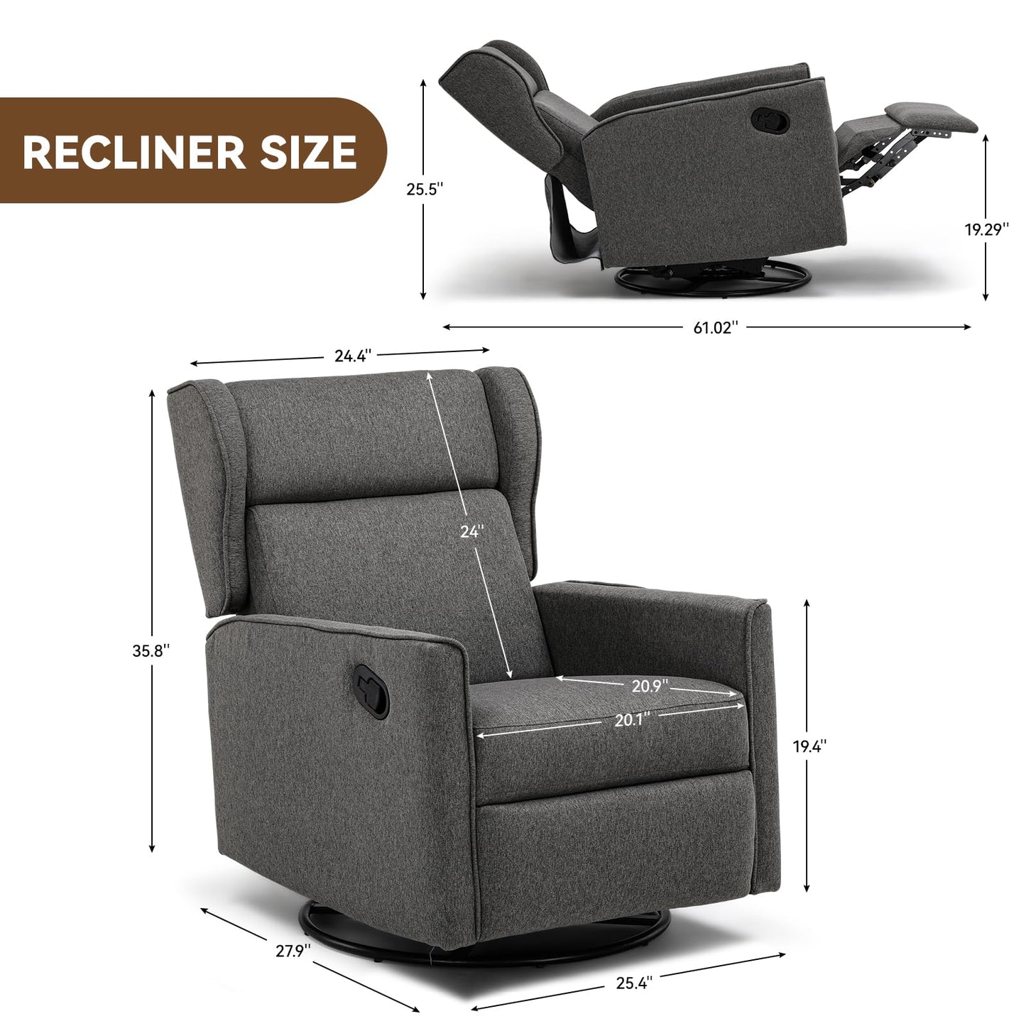 COMHOMA Rocking Recliner Chair,Swivel Glider Reclining Single Sofa Manual Rocker Recliners,Nursery Rocking Chairs with Upholstered Seating for Living Room Office(Light Gray)