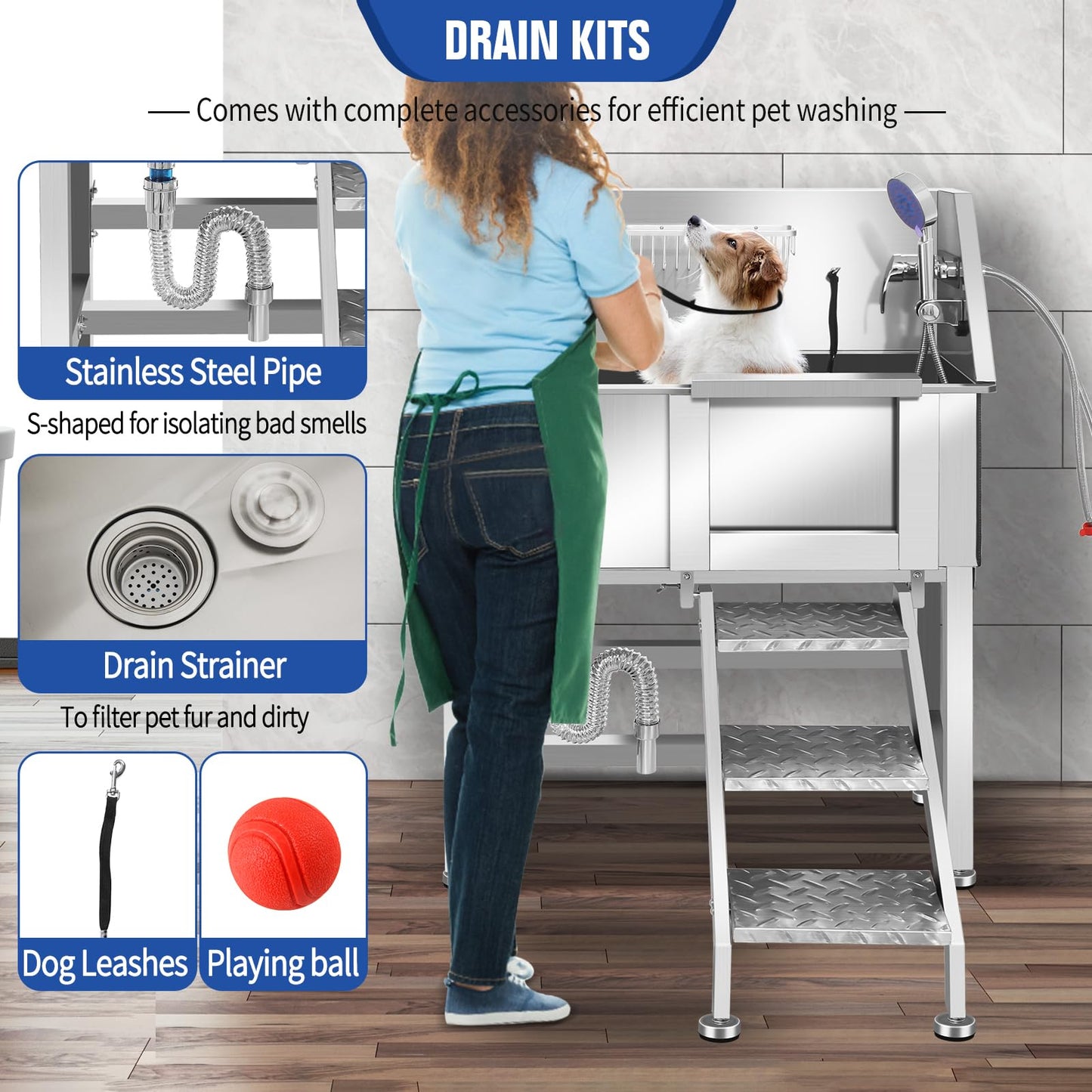 OLIPIC Stainless Steel Dog Washing Station for Large Dogs, Dog Grooming Tub for Home, Professional Dog Bathtub Bathing Station, Pet Wash Station, Dog Shower Tub with Stairs, Drain & Door,34" R-RAMP