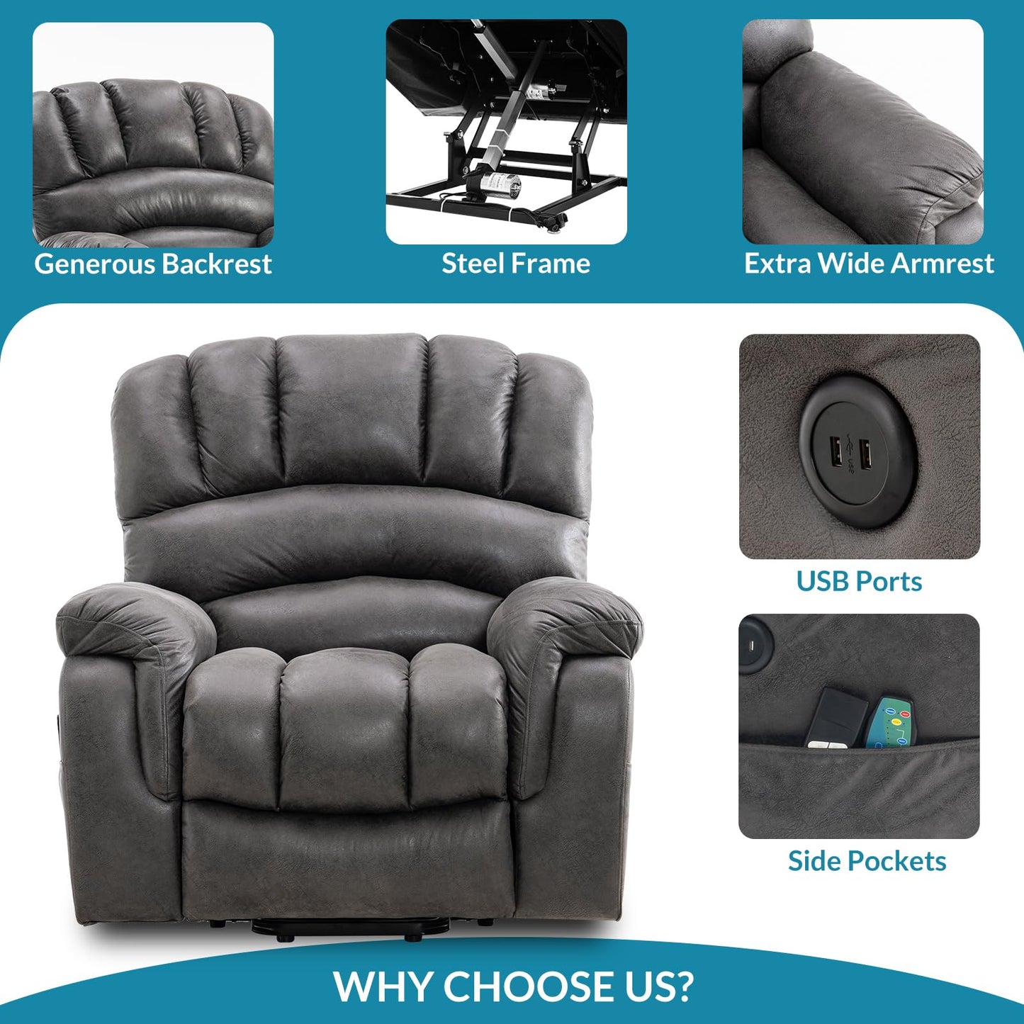 OUINCH Large Dual Motor Lay Flat Sleeper Power Lift Recliner Chair for Elderly with Heat and Massage, 2 Remote Controls, 2 USB Ports & 2 Side Pockets, Infinite Position (Grey)