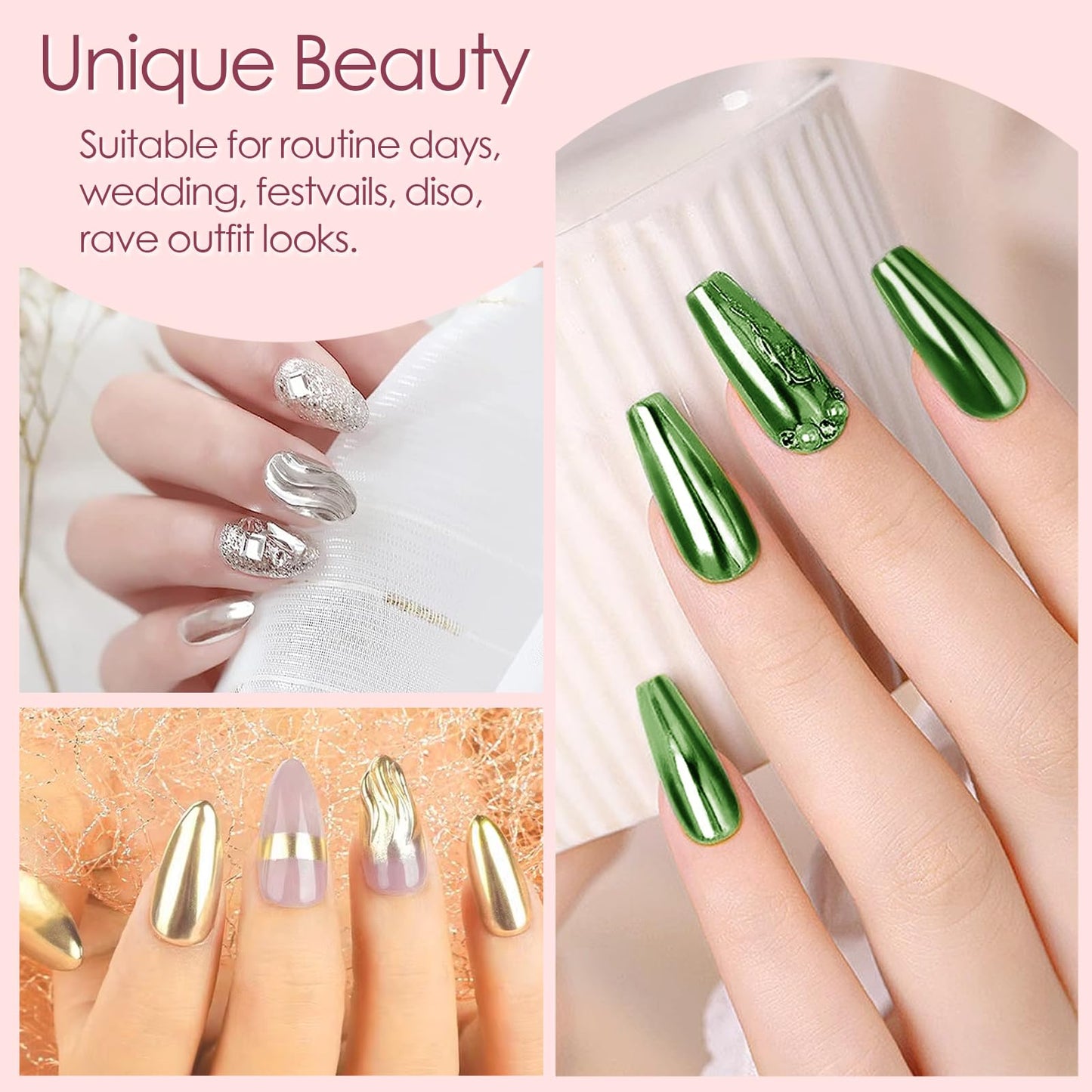 Allstarry Gold Green Chrome Nail Powder, 4 Colors Metallic Mirror Effect Chrome Powder Manicure Glitter Kit for Gel Polish St Patricks Day Nail Art St Patty's Day Accessories - Metallic Dark Green