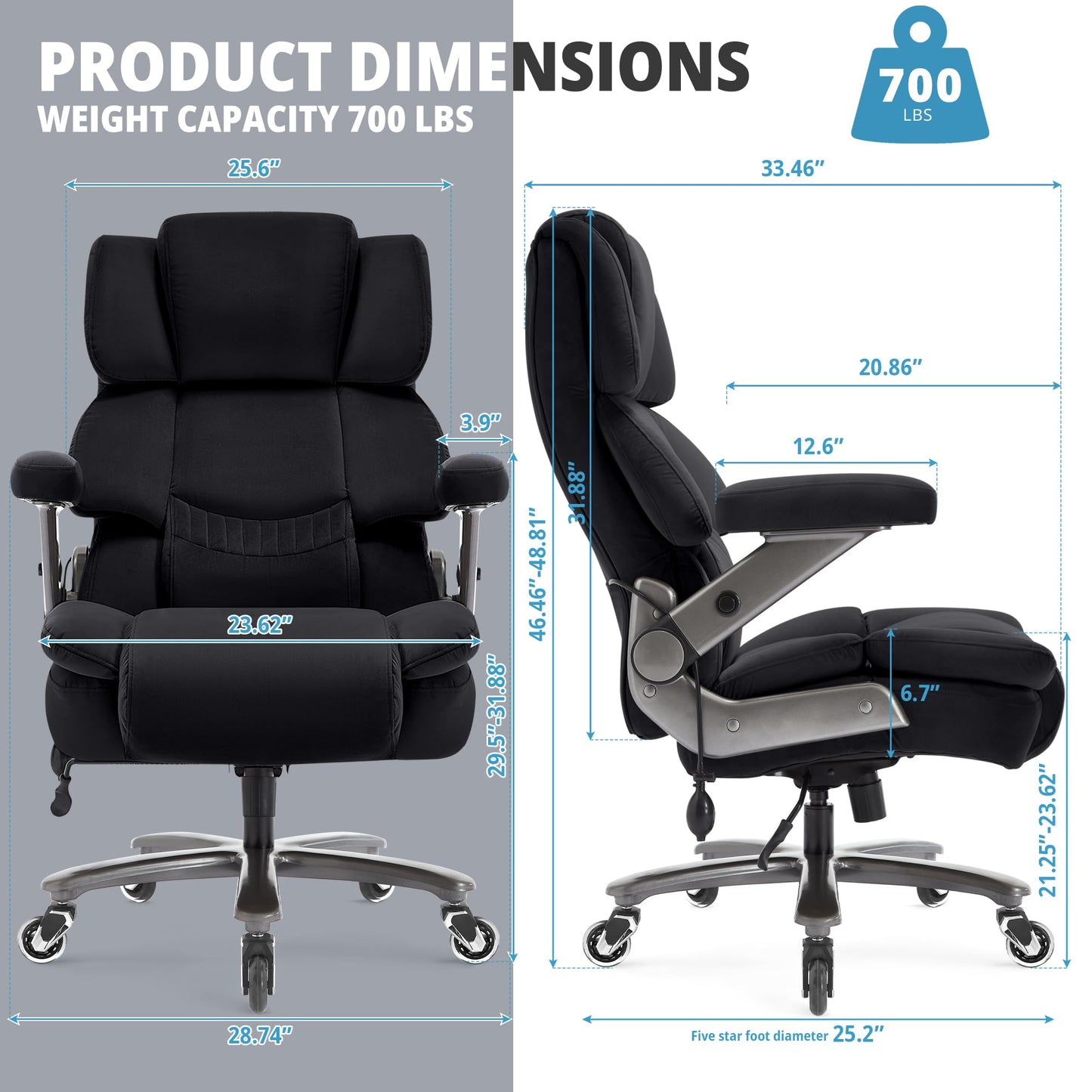 Big and Tall Office Chair 700lbs- Fabric High Back Executive Computer Chair with Adjustable Lumbar Support 3D Flip Arms Plus Size Rubber Wheels- Extra Wide Large Desk Chairs, Heavy Duty Metal Base