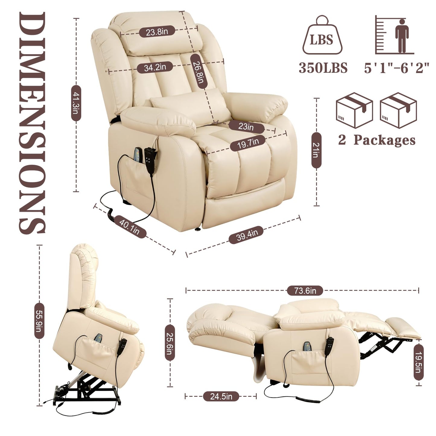 Infinite Position Lay Flat Lift Recliner Chair for Adults, Dual Motor Power Lift Chair for Elderly with Massage & Heating, Extended Footrest, USB Ports, Remote Control & Lumbar Pillow, Leather (Cream)