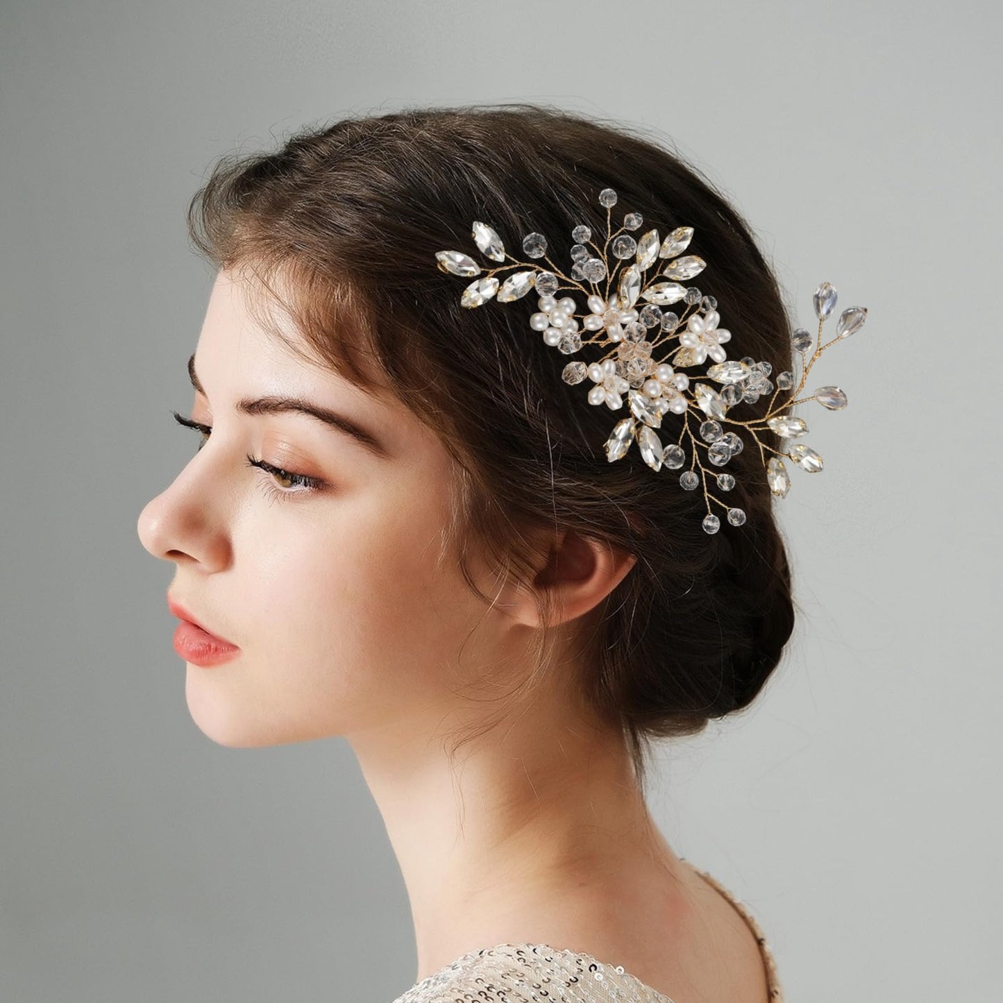 MirthCity Hair Comb, Bride Wedding Hair Piece with Pearl Flower Bead, Handmade Rhinestone Leaf Flower Girl Hair Accessories for Women, Gold