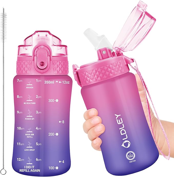 OLDLEY Kids Water Bottle for School, 12 oz (Straw Lid) BPA-Free Reusable Leak-proof Durable Tritan Plastic Water Bottles with One-handed Opening Straw Lids, Anti-dust Spout Cover (Rosepurple)
