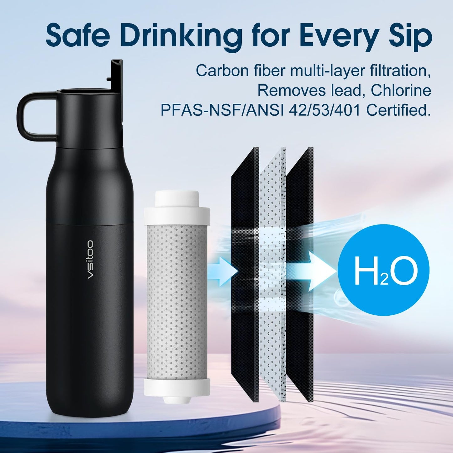 VSITOO 25 oz Water Purifier Bottle–Stainless Steel, Carbon Fiber Filter, Double-Wall Insulated, BPA-Free, Ideal for Hiking, Cycling, Gym & Outdoor Use–Life Straw Compatible, Black