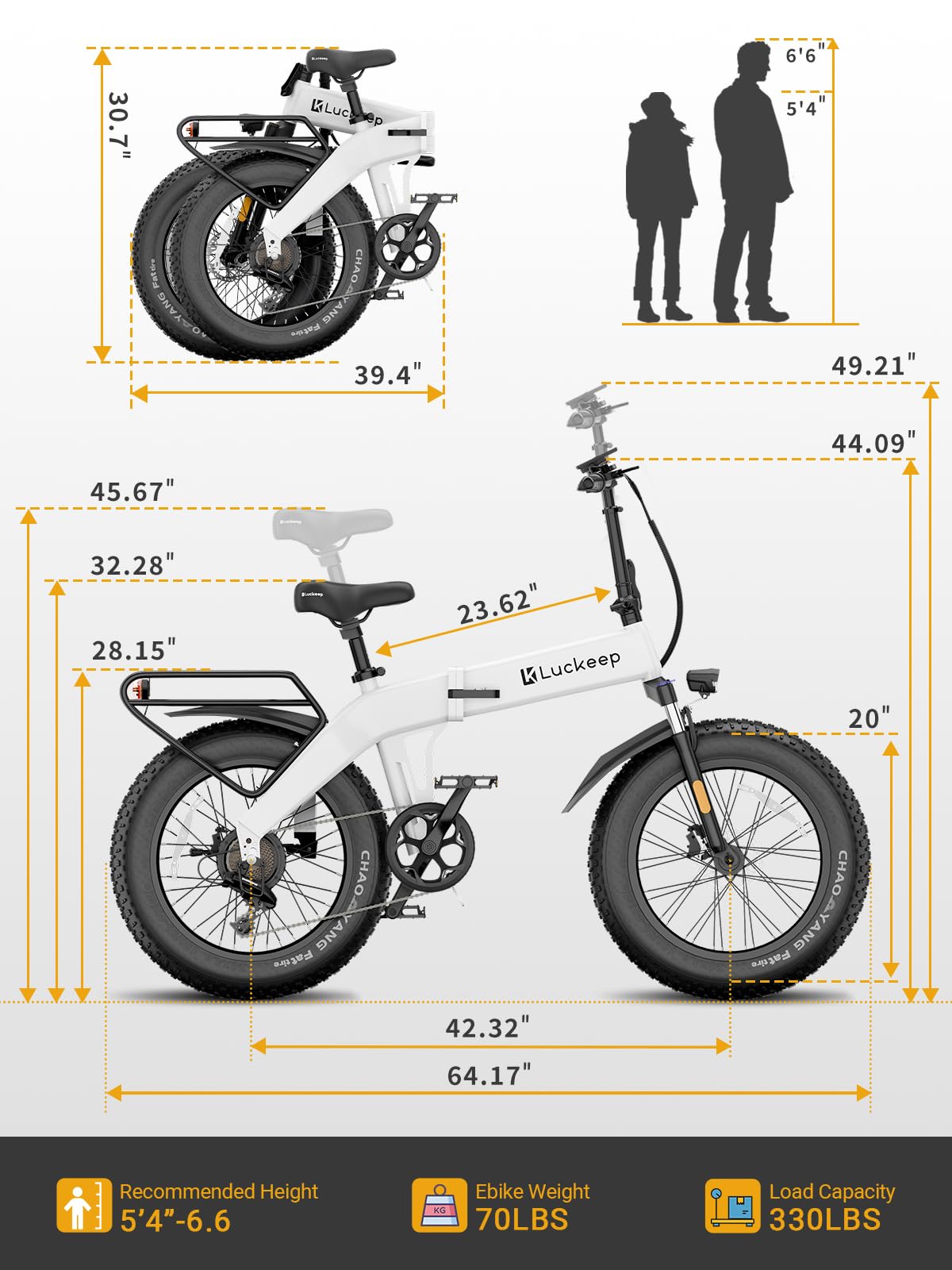 Luckeep Folding Electric Bike for Adults 1500W Peak Motor 28MPH 60 Miles 48V 720WH Battery 20*4 Inch Fat Tire E-bike Foldable Ebikes for Adults Electric Bicycle with Anti-Theft Alarm & UL 2849 -White