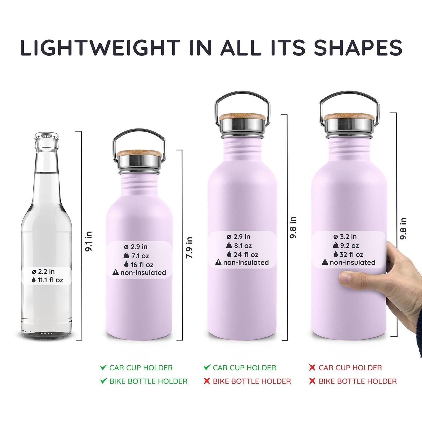 Bambaw Metal Water Bottle 16 oz, Lavender Water Bottle with Handle, Stainless Water Bottle Non Insulated, Small Water Bottle, Purple Water Bottle for Women, Metal Water Bottle – Lavender Haze