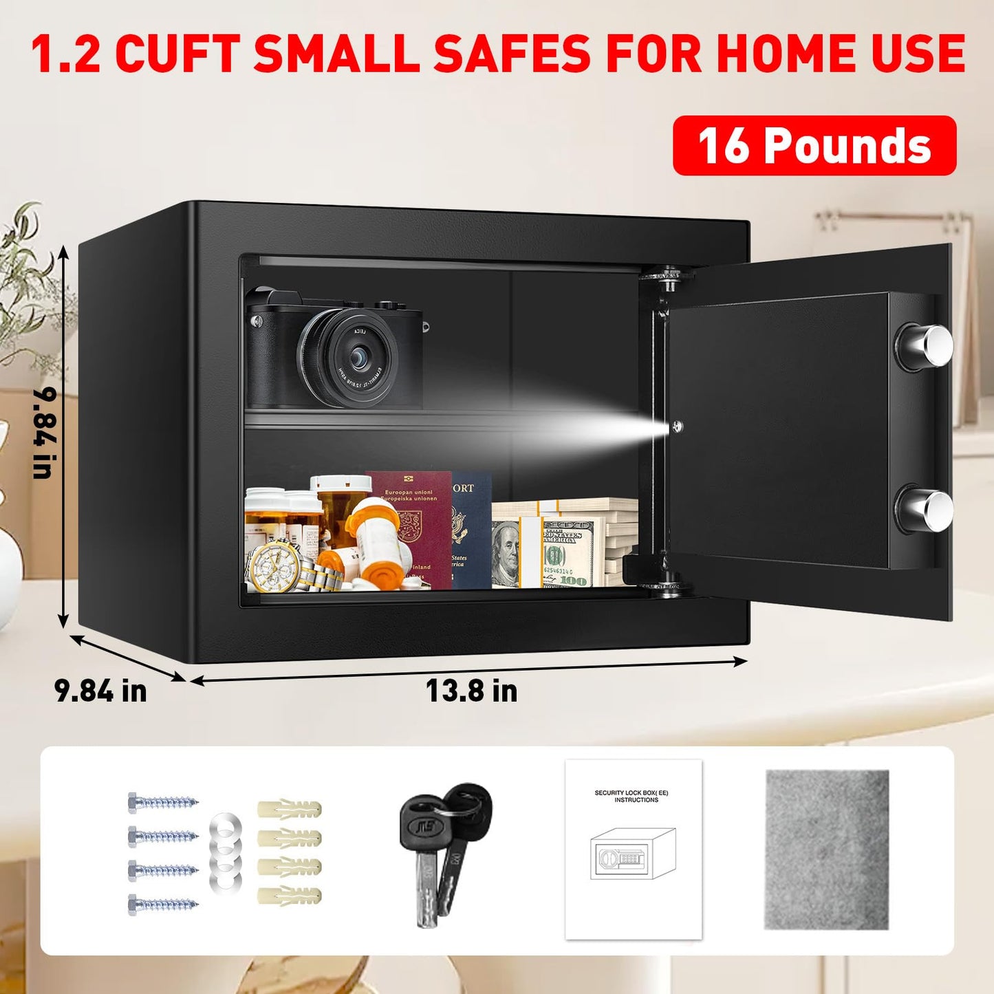 1.2 Cub Small Fireproof Safe for Home, Personal Fire Safe Box with Digital Keypad Key and Removable Shelf, Small Security Box for Money Firearm Medicine Valuables