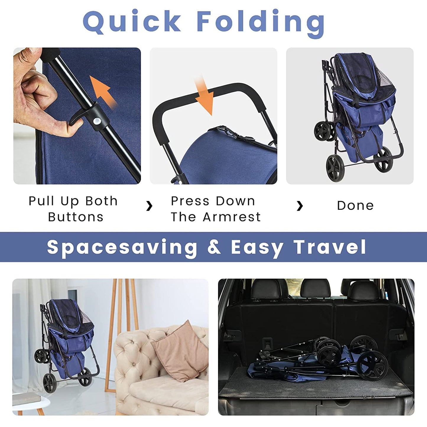 VIAGDO Dog Strollers for Small Medium Dogs, Double Cat Strollers for 2 Cats, 4-in-1 Small Doggy Pet Stroller, 2 Detachable Carriers, 4 Lockable Wheels, Pet Travel Cart, Folding Trolley, Navy Blue